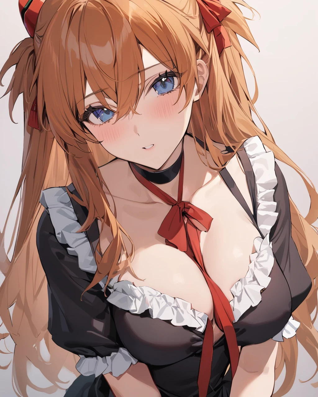 best quality, masterpiece, <lora:souryuuv2:1>,gloves, cleavage, red_ribbon, 1girl, solo, neon_genesis_evangelion, frills, souryuu_asuka_langley, between_breasts, choker, looking_at_viewer, frilled_dress, dress, ribbon, black_gloves, breasts, hair_ribbon