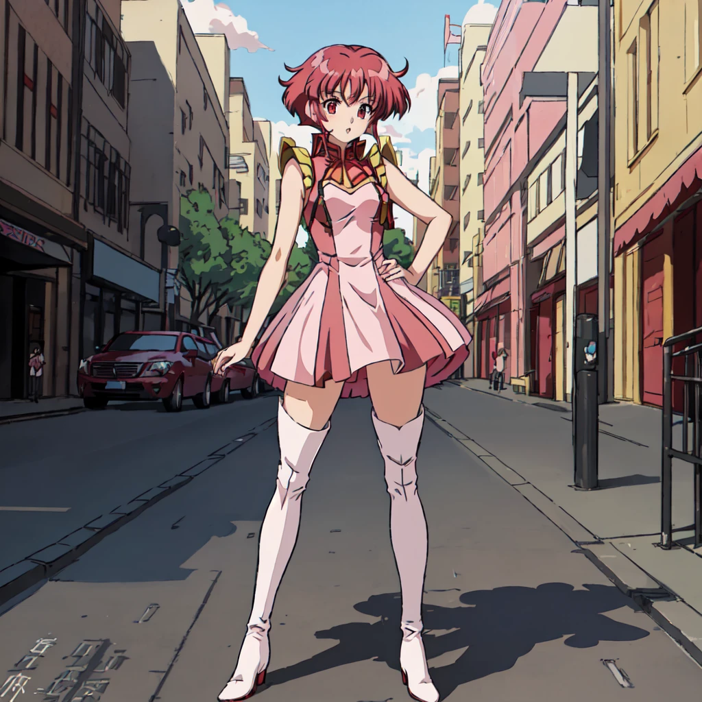<lora:GaoGaiGar-10:1>outdoor,street,Masterpeace,high quality,GaoGaiGar, 1girl, solo, short hair, red hair, red eyes, pink-white dress, thigh boots,standing, full body, hand on hip