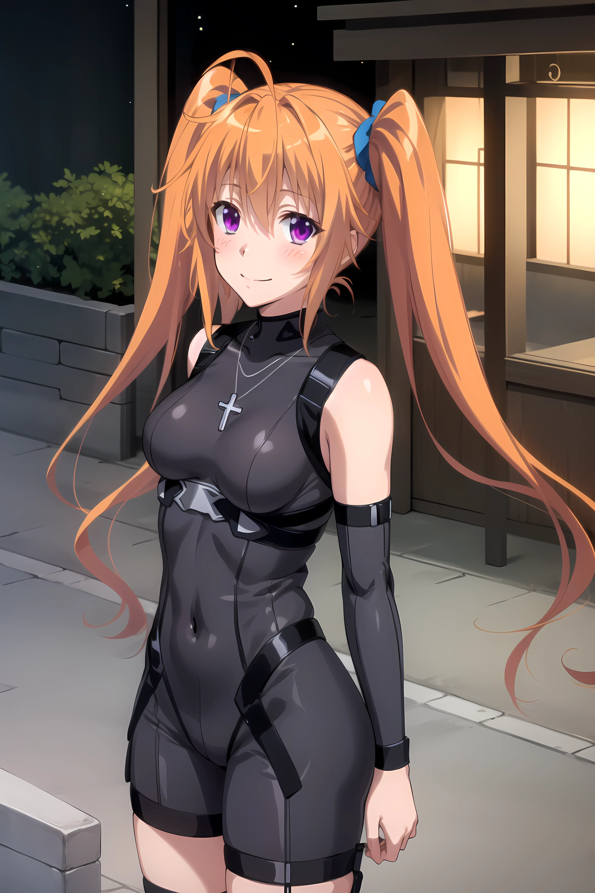 best quality, masterpiece, detailed,
<lora:HighSchoolDxD_ShidouIrina:0.9>, ShidouIrina,
1girl, solo, closed mouth, smile, blush,
orange hair, long hair, twintail, scrunchie, ahoge, purple eyes,
black bodysuit, detached sleeves, bare shoulders, shorts, skin tight, cross necklace,
looking at viewer, arms at sides,
night, outdoors