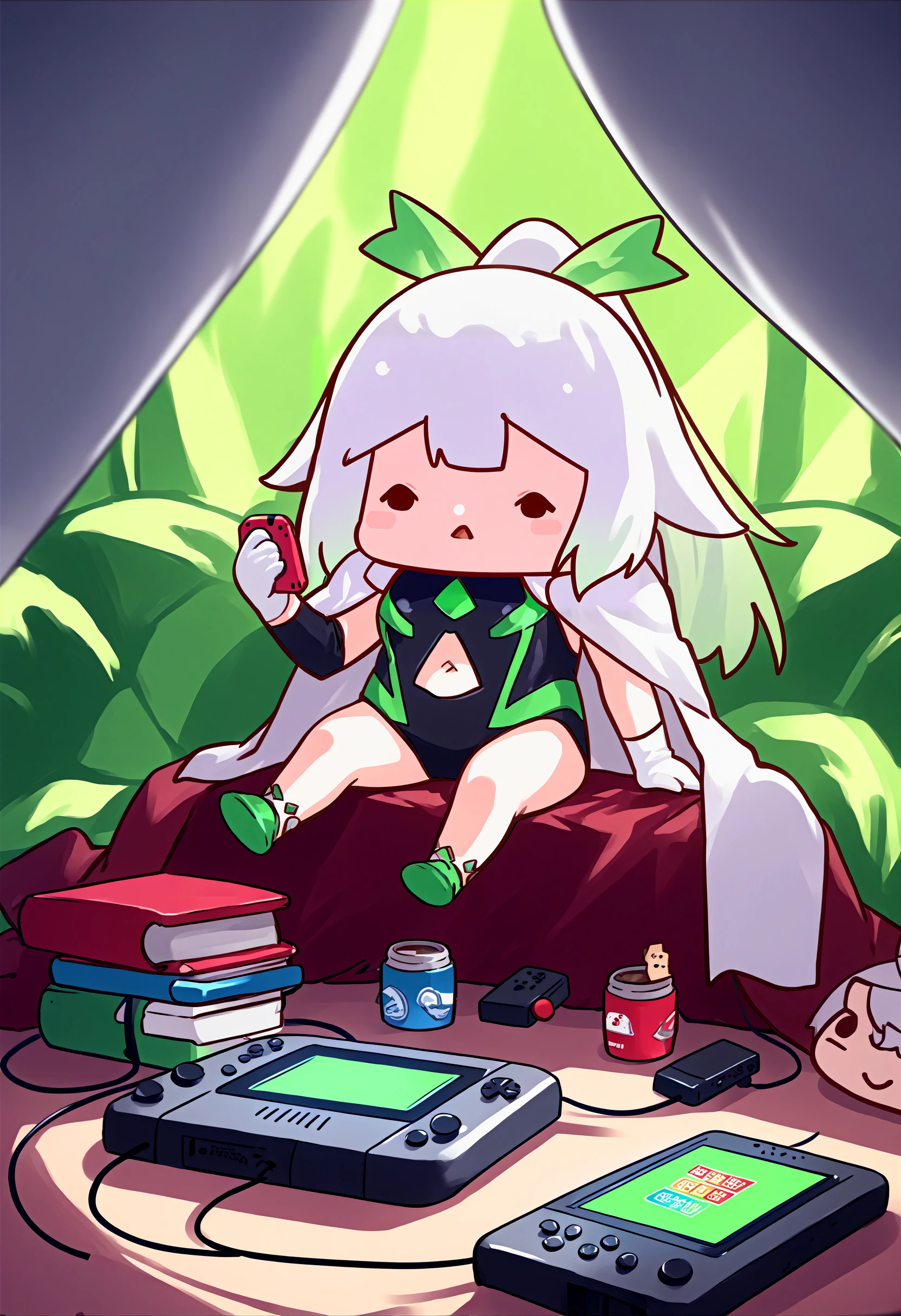 score_9, score_8_up, score_7_up, 1girl, source_anime, <lora:Phdpigeon_XLPD:1.2>, (chibi), <lora:consolegirls_xbox_ponyXL:0.9> xbox-chan, ponytail, green hair ribbon, black leotard, navel cutout, cape, white gloves, sitting, handheld game console, white hair,