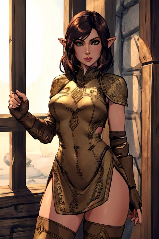 <lora:4mal3a:1> woman with the same face as 4mal3a, <lora:skyrim-light-elven-unp:0.8> skyrim-light-elven-unp, arm wraps, fingerless gloves, thighhighs