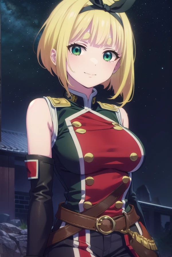 shushusuruga, <lora:shushu suruga s1-lora-nochekaiser:1>,
shushu suruga, short hair, bangs, hair ribbon, hairband, blunt bangs, thick eyebrows, (green eyes:1.3), yellow hair, smile,
BREAK gloves, shorts, elbow gloves, belt, buttons, military uniform, military, bare shoulders, black military uniform,
BREAK outdoors, space, starry sky, star \(sky\), moon,
BREAK looking at viewer, (cowboy shot:1.5),
BREAK <lyco:GoodHands-beta2:1>, (masterpiece:1.2), best quality, high resolution, unity 8k wallpaper, (illustration:0.8), (beautiful detailed eyes:1.6), extremely detailed face, perfect lighting, extremely detailed CG, (perfect hands, perfect anatomy),