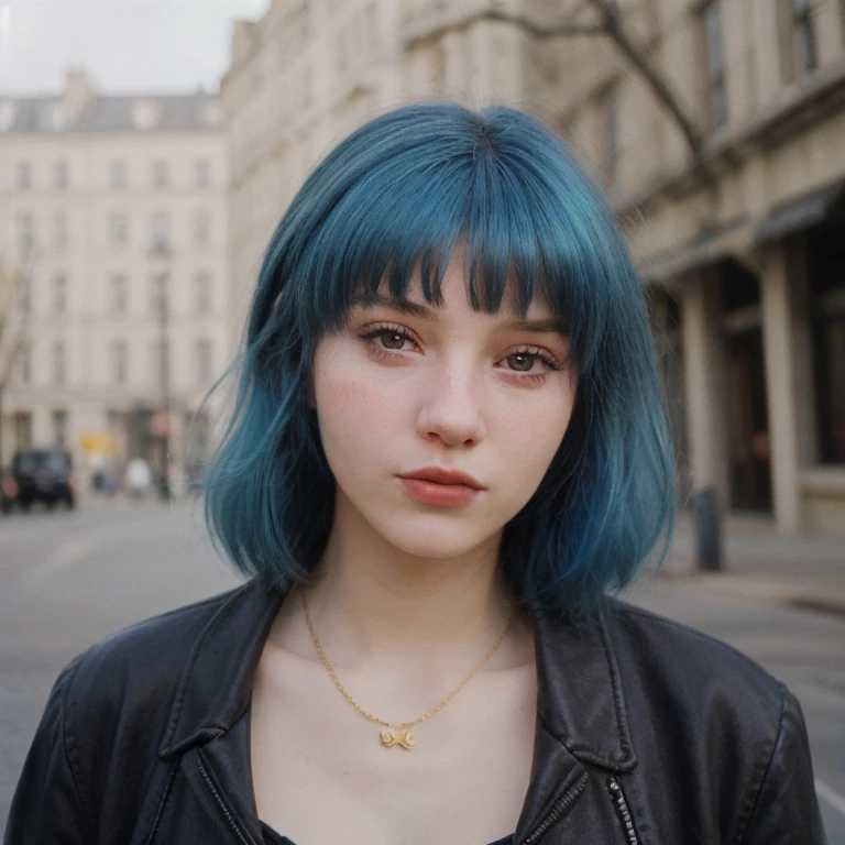 (girl, model, short hair, completely blue hair, dress, streets of France, travel photo, ultra-realistic, selfie pose),(illustration, high-res, vivid colors:1.1, detailed girl's face:1.1),(beautiful, detailed eyes, beautiful, detailed lips, long eyelashes),(blurry, background:0.9, bustling crowd, charming French architecture),(soft lighting, warm tones),(portrait, fashion) rosto da atriz da Úrsula Corberó