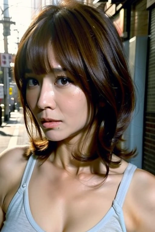 Best quality,masterpiece,ultra high res,(photorealistic:1.2),1girl,in the dark,deep shadow,low key,slim body,taipei street alley,dynamic pose,face closeup,brown hair,<lora:patty_wu:0.9>,small breasts,(cleavage:0.3),centre parting bangs,