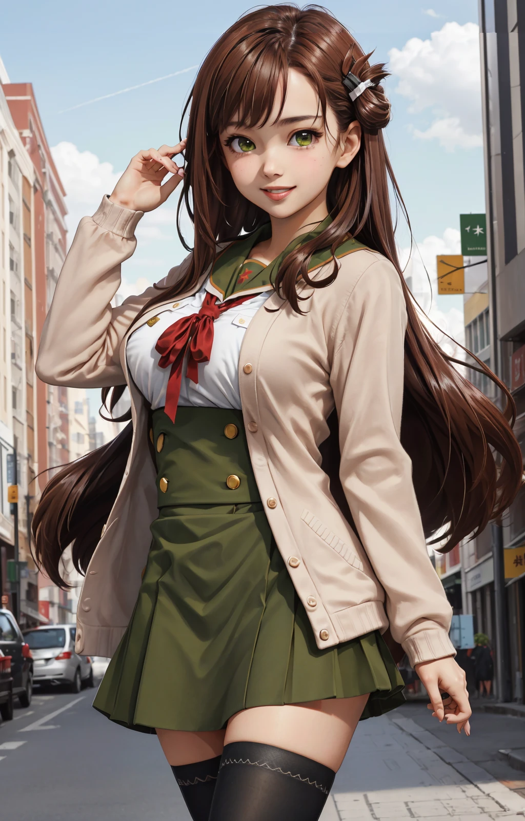 (masterpiece, best quality:1.2), full body, 1girl, solo, yuri_wakasa, <lora:wakasayuri7:0.8>, smile, laugh, brown hair, green eyes, tareme, long hair, hair ornament, cardigan, (large breasts:1.2), black thighhighs, (looking at viewer:1.1), city, dynamic pose