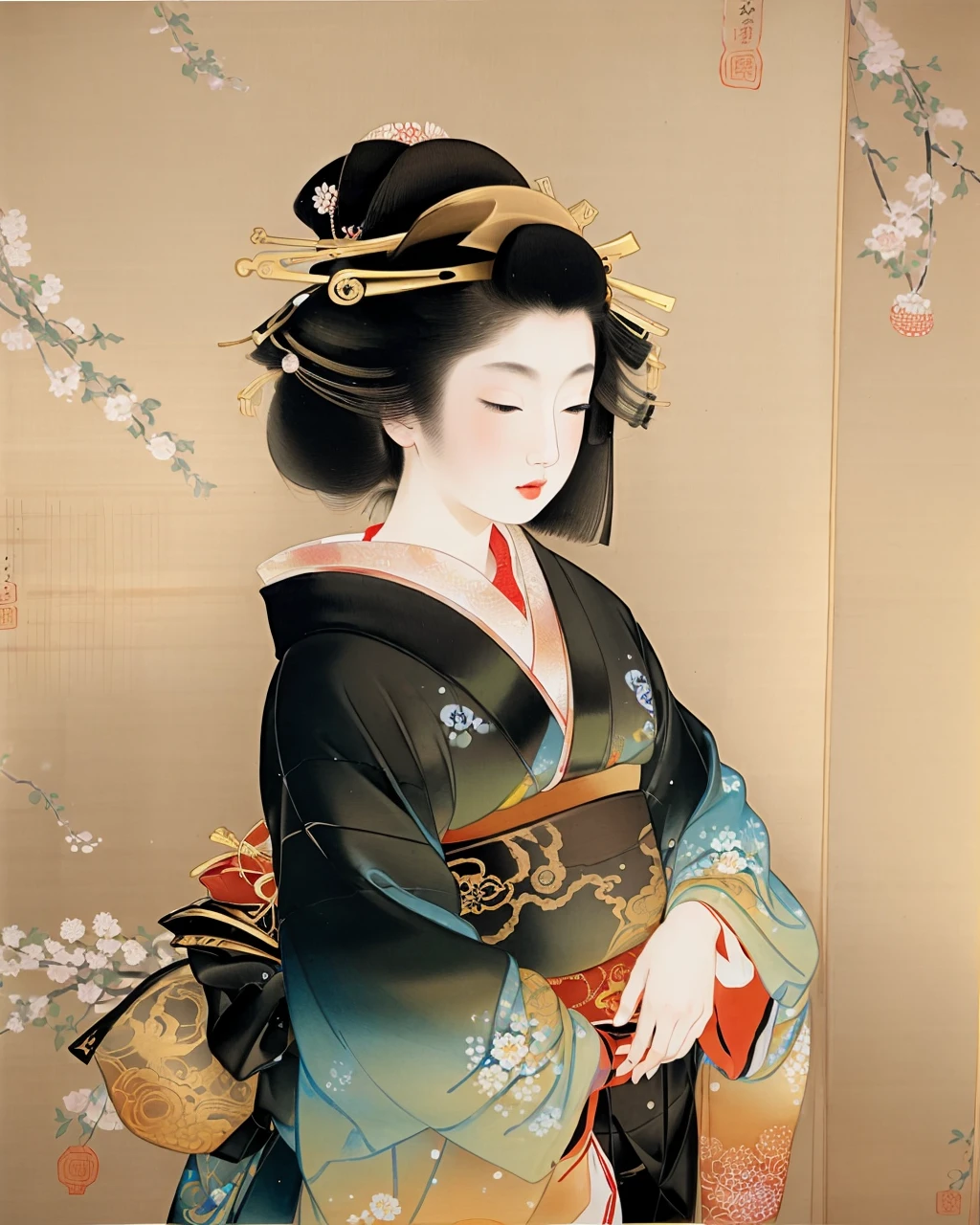 best quality,masterpiece,highly detailed,ultra-detailed,
(uemura-shoen, nihonga:1.3)
<lora:neg4all_bdsqlsz_V3.5:-1>
<lora:Uemura-Shoen:1.2>1girl, black hair, black kimono, closed eyes, hair ornament, japanese clothes, kanzashi, kimono, , long hair, long sleeves, nihonga, obi, pale skin, red lips, sash, , white flower