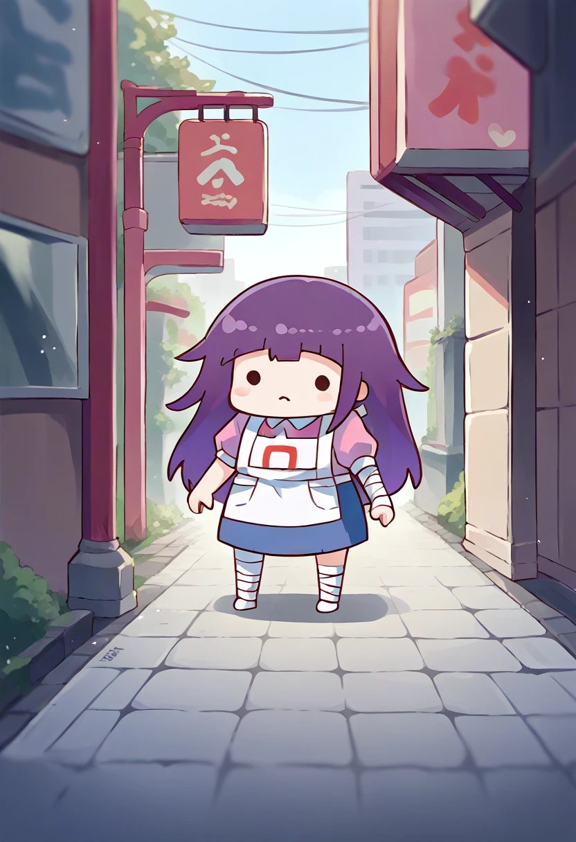 score_9, score_8_up, score_7_up, source_anime, chibi, solo, 1girl, tsumiki mikan, dot eyes, purple hair, pink shirt, puffy short sleeves, white apron, blue skirt, bandaged leg, bandaged arm, outdoors, city street <lora:Phdpigeon_XLPD:1> <lora:danganronpa2_tsumiki_ponyXL:1>