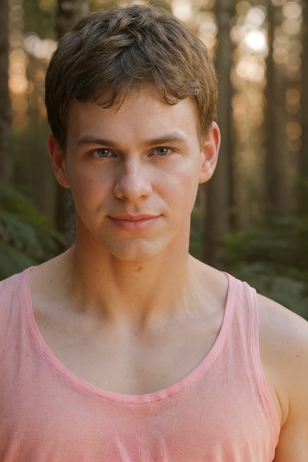 dipper_pines, young man, hands behind head, naked brown eyes, smiling, looking at you, forest, daylight whole body
