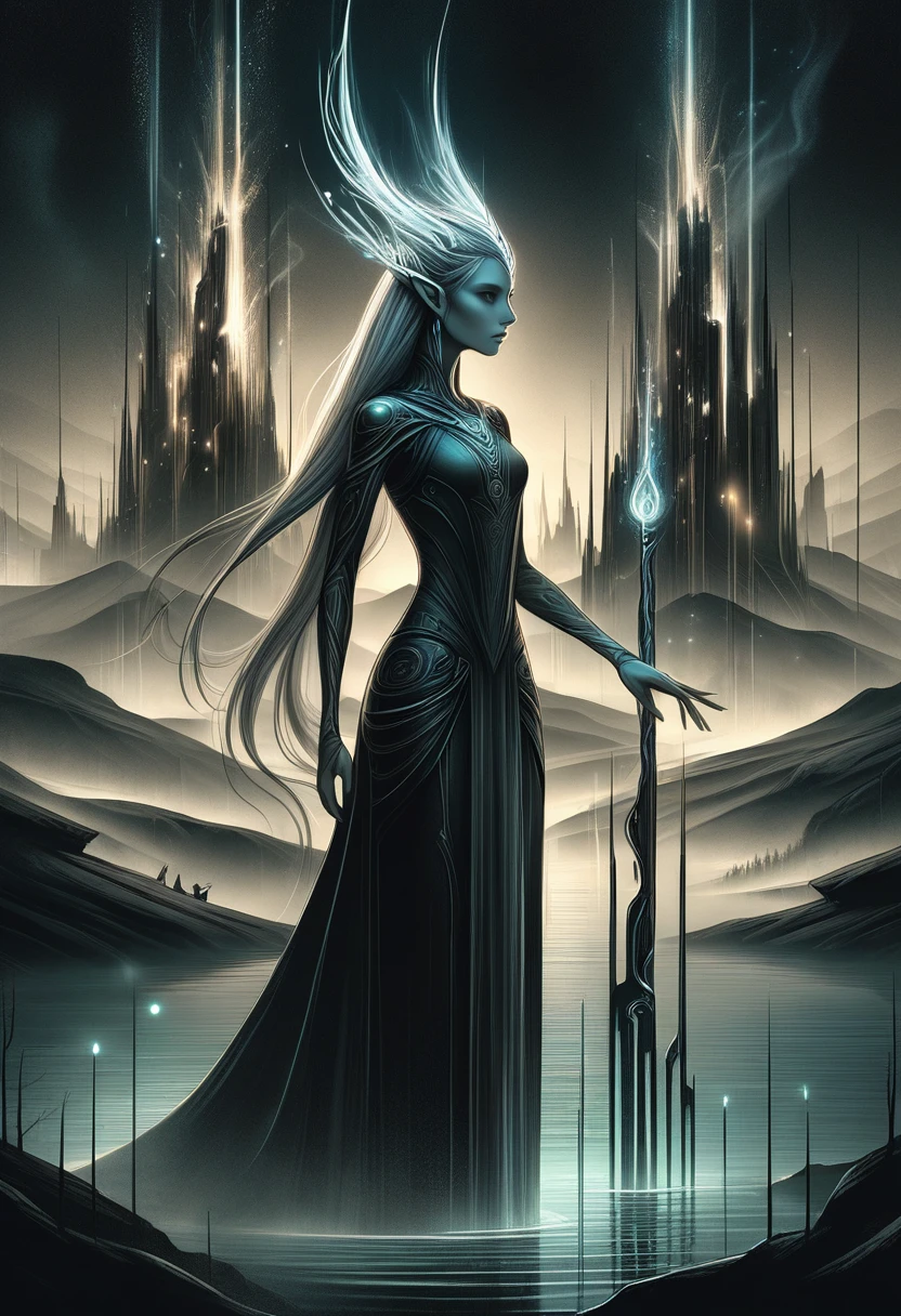 DonMN01rXL 2D illustration female  elf, graceful and long-lived being, 6 to 7 feet tall, beautiful,elegant, youthful appearance, graceful, ethereal, magical, fantasy, thrilling,pyre,skyline,empowering,pensive,underwater,machinic,alpine meadows,tormented,networked  ,  <lora:DonMN01rXL-000008:0.8>