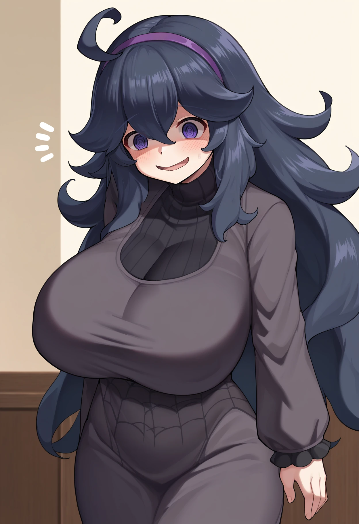 1girl, solo, huge breasts, occult,long hair,ahoge,hairband,@ @,1girl,purple hairband,dress,messy hair,smile,breasts,hair between eyes,looking at viewer,solo,bangs,purple hair,alternate breast size,open mouth,purple eyes,simple background,long sleeves,occult, simple background, <lora:cleavagebulge2-000001:1.2> <lora:Hex Maniac01:1>