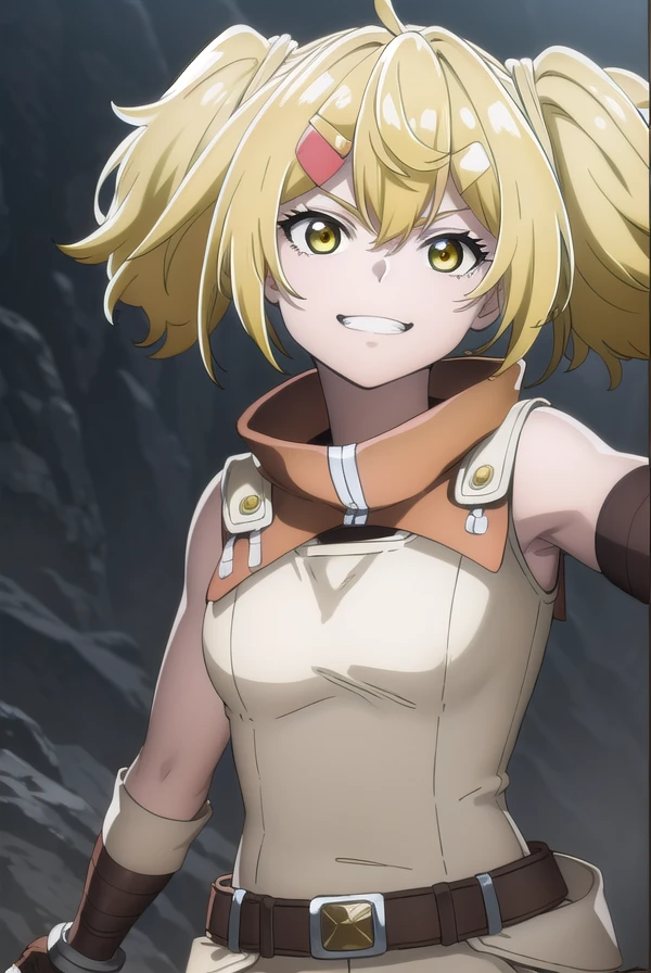 oikatzo, <lora:oikatzo s1-lora-nochekaiser:1>,
oikatzo, blonde hair, hair ornament, twintails, (yellow eyes:1.3), hairclip, short twintails, smile, grin,
BREAK gloves, belt, fingerless gloves, red gloves,
BREAK outdoors, forest,
BREAK looking at viewer, (cowboy shot:1.5),
BREAK <lyco:GoodHands-beta2:1>, (masterpiece:1.2), best quality, high resolution, unity 8k wallpaper, (illustration:0.8), (beautiful detailed eyes:1.6), extremely detailed face, perfect lighting, extremely detailed CG, (perfect hands, perfect anatomy),