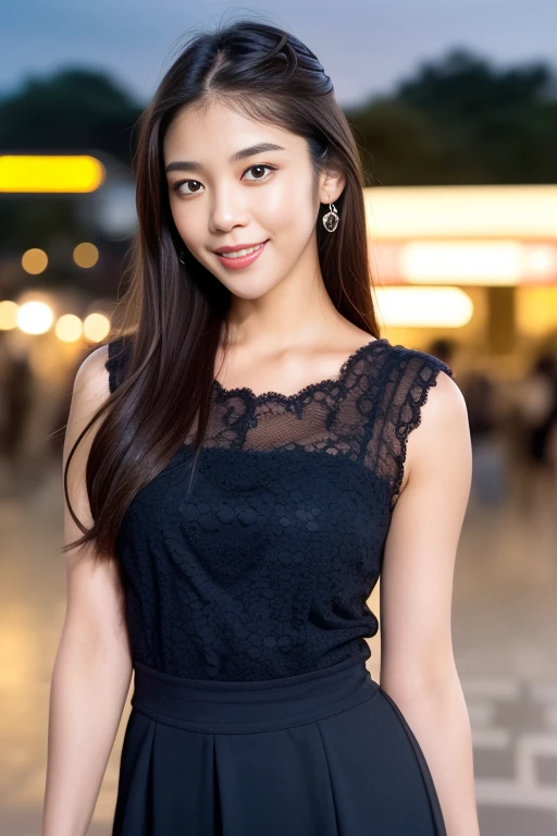 1girl,(RAW photo, best quality), (realistic, photo-realistic:1.4), masterpiece, an extremely delicate and beautiful, extremely detailed, 2k wallpaper, Amazing, finely detail, extremely detailed CG unity 8k wallpaper, ultra-detailed, highres, soft light, beautiful detailed girl, extremely detailed eyes and face, beautiful detailed nose, beautiful detailed eyes,cinematic lighting,perfect anatomy,slender body,smiling 
city lights at night,at a train station in tokyo,(bokeh)
wearing blouse and skirt
 <lora:okazoemaki_lora:0.8>