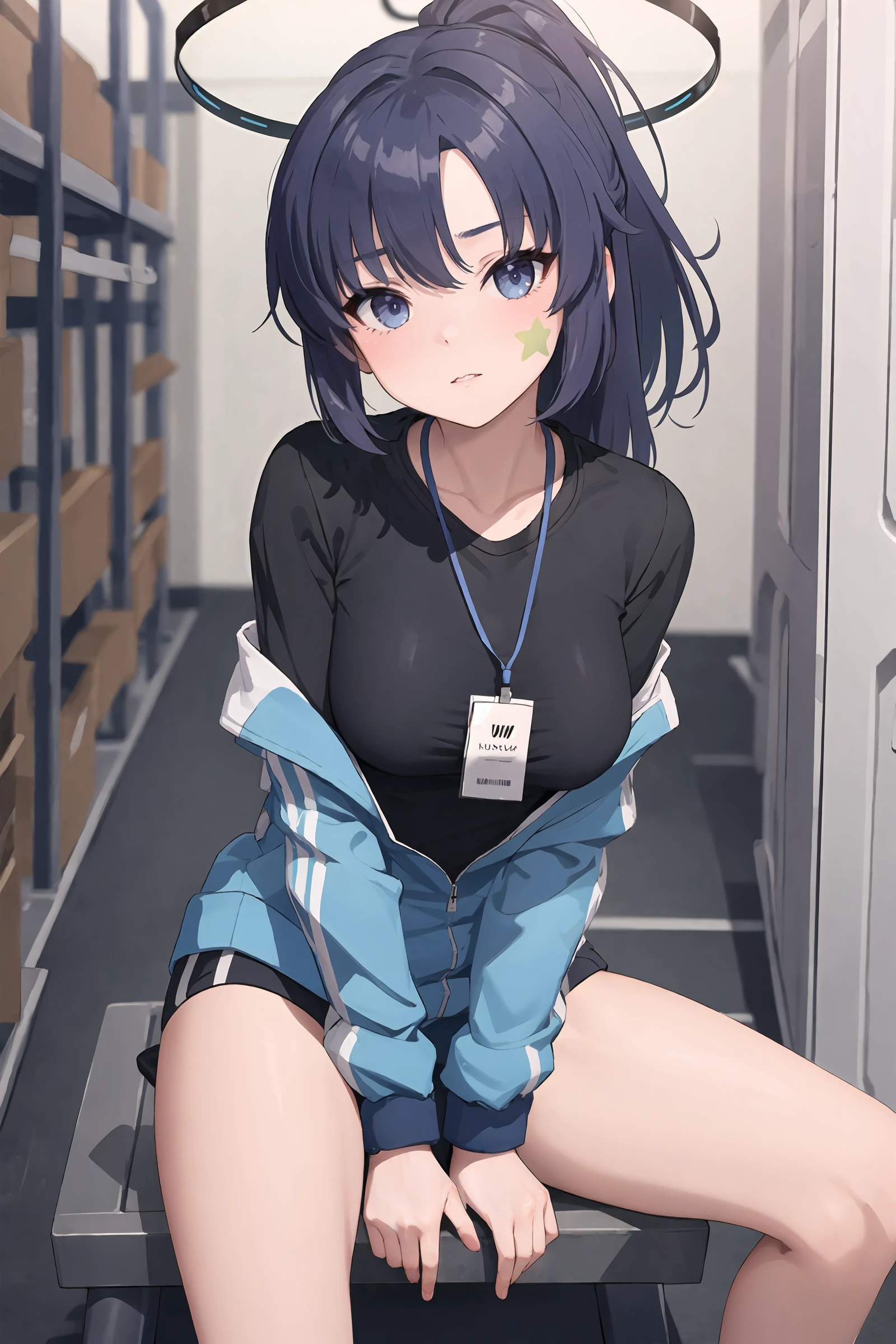 A college woman an hourglass figure with long, black hair with black tips and extra-black shadowing; average breasts; blue eyes; pale skin; blushing; wiccan; black hoodie and trackpants; soft blur background, no blue-shadowing in hair, in the depths of an abandoned building, no jewellery; extremely dark, moonlight.