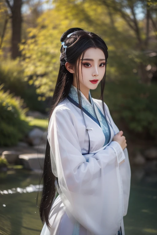 ltra-detailed,highly detailed,best quality,masterpiece,illustration,realistic,photorealistic,
1girl, solo,
xiaobai, hanfu, chinese clothes, wide sleeves, long sleeves, see-through, sash,
jewelry, tassel, hair ornament,
long hair,
looking at viewer, upper body,
outdoors, tree, rock, day, photo background, sunlight, scenery, nature, water,
<lora:xiaobai_v1_07:0.8>