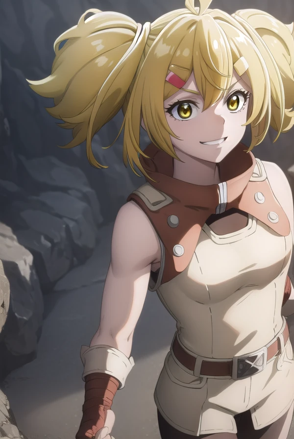 oikatzo, <lora:oikatzo s1-lora-nochekaiser:1>,
oikatzo, blonde hair, hair ornament, twintails, (yellow eyes:1.3), hairclip, short twintails, smile, grin,
BREAK gloves, belt, fingerless gloves, red gloves,
BREAK outdoors, forest,
BREAK looking at viewer, (cowboy shot:1.5),
BREAK <lyco:GoodHands-beta2:1>, (masterpiece:1.2), best quality, high resolution, unity 8k wallpaper, (illustration:0.8), (beautiful detailed eyes:1.6), extremely detailed face, perfect lighting, extremely detailed CG, (perfect hands, perfect anatomy),