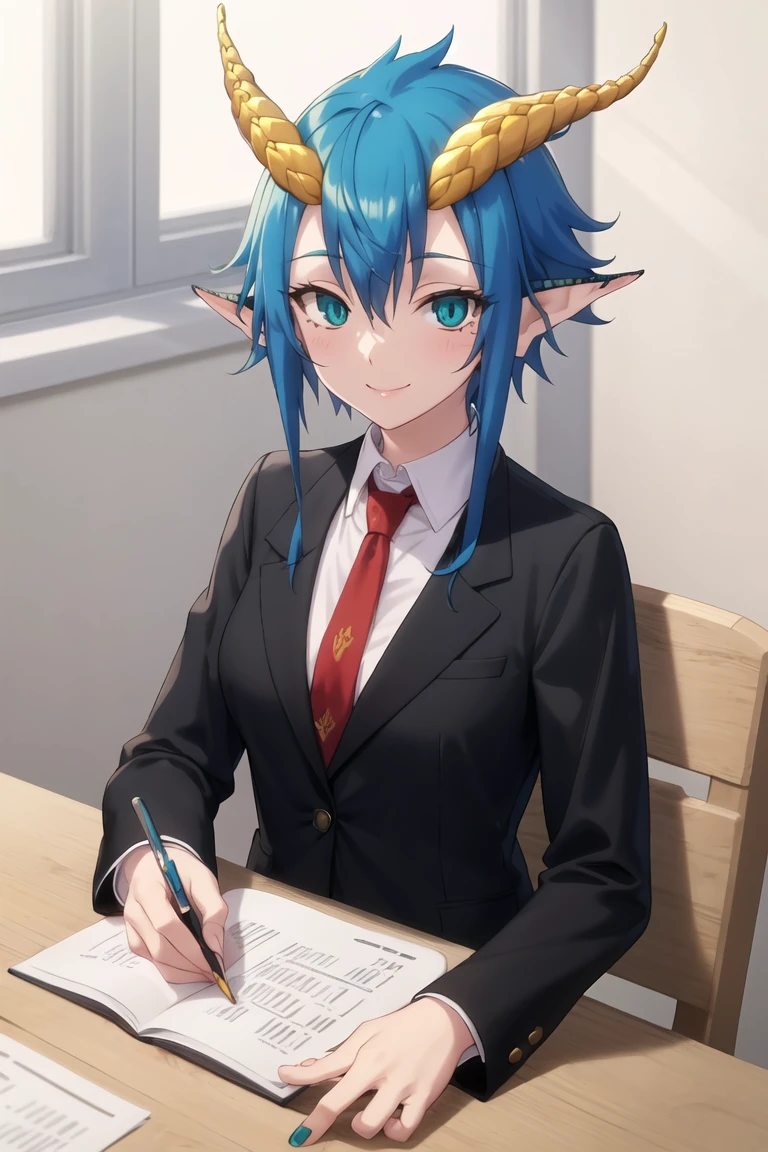 masterpiece, best quality, <lora:SkadiDrag640V1:0.7>, 1girl, skadidrag, blue hair, short hair with long locks, hair between eyes, yellow dragon horns, pointy ears, aqua eyes, slit pupils, business suit, red necktie, collared shirt, black jacket, sitting, table, office, indoors, smile, looking at viewer, upper body