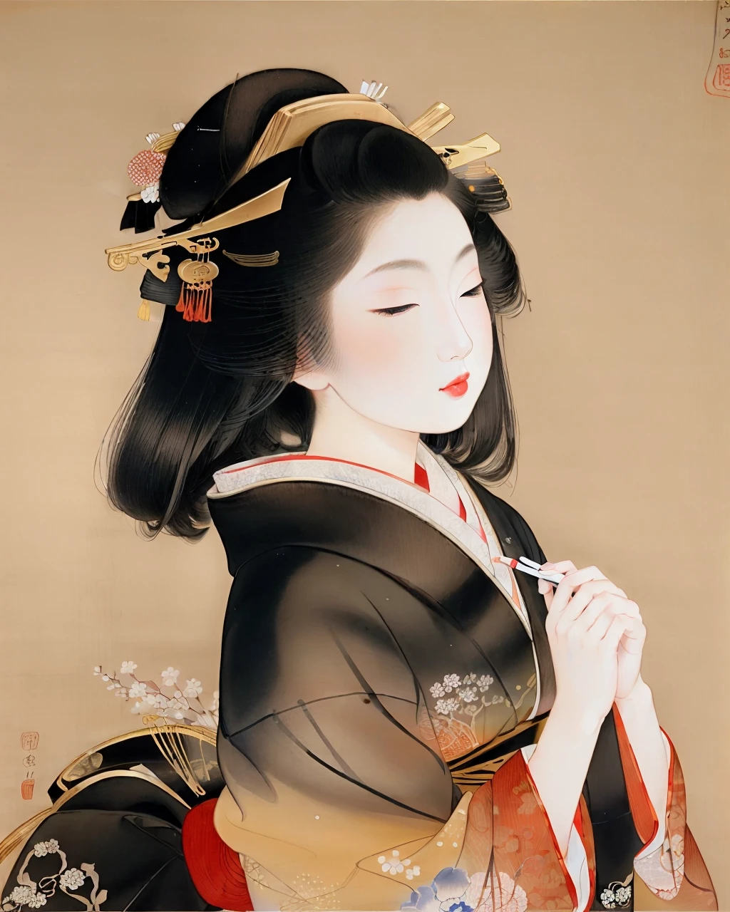 best quality,masterpiece,highly detailed,ultra-detailed,
(uemura-shoen, nihonga:1.3)
<lora:neg4all_bdsqlsz_V3.5:-1>
<lora:Uemura-Shoen:1.3>1girl, black hair, black kimono, closed eyes, hair ornament, japanese clothes, kanzashi, kimono, lipstick, long hair, long sleeves, nihonga, obi, pale skin, red lips, sash, , white flower