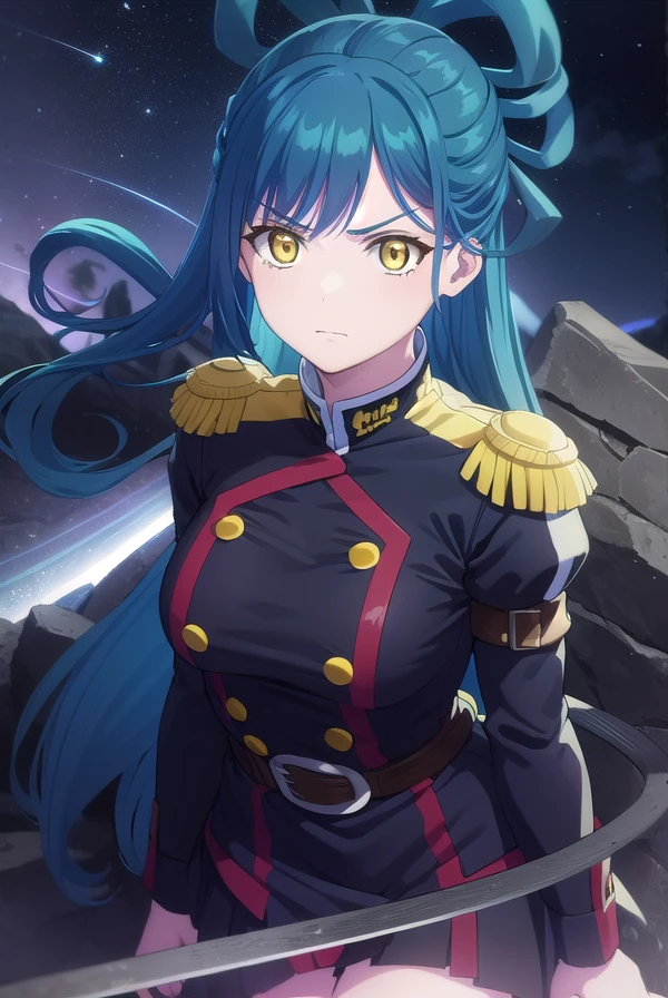 himariazuma, <lora:himari azuma s1-lora-nochekaiser:1>,
himari azuma, long hair, hair rings, (blue hair:1.5), (yellow eyes:1.5), frown, angry,
BREAK skirt, thighhighs, epaulettes, military, military uniform, black uniform,
BREAK outdoors, space, starry sky, star \(sky\), moon,
BREAK looking at viewer, (cowboy shot:1.5),
BREAK <lyco:GoodHands-beta2:1>, (masterpiece:1.2), best quality, high resolution, unity 8k wallpaper, (illustration:0.8), (beautiful detailed eyes:1.6), extremely detailed face, perfect lighting, extremely detailed CG, (perfect hands, perfect anatomy),
