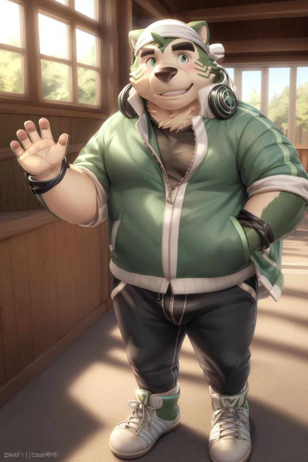 <lora:mokdai-09:1>, mokdai, green eyes, smile, (posing:1.3), (soft shading), 4k, hi res, ((detailed face, detailed)), by zackarry911, by zaush, (by personalami:0.5), looking at viewer, blush, 1boy, jacket, full body, male focus, shoes, pants, headband, headphones, zipper, waving, headphones around neck