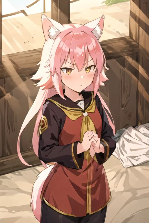 1girl, Lanka (Murenase Seton Gakuen) a pink-haired girl, with fluffy wolf ears and tail, golden eyes, with a serious expression, wearing a red and black suit, a uniform that resembles the ancient armor of the Chinese dynasty, which has a golden border, the emblem of fire (Avatar the last airbender) engraved, making fire and blue lightning with his hands