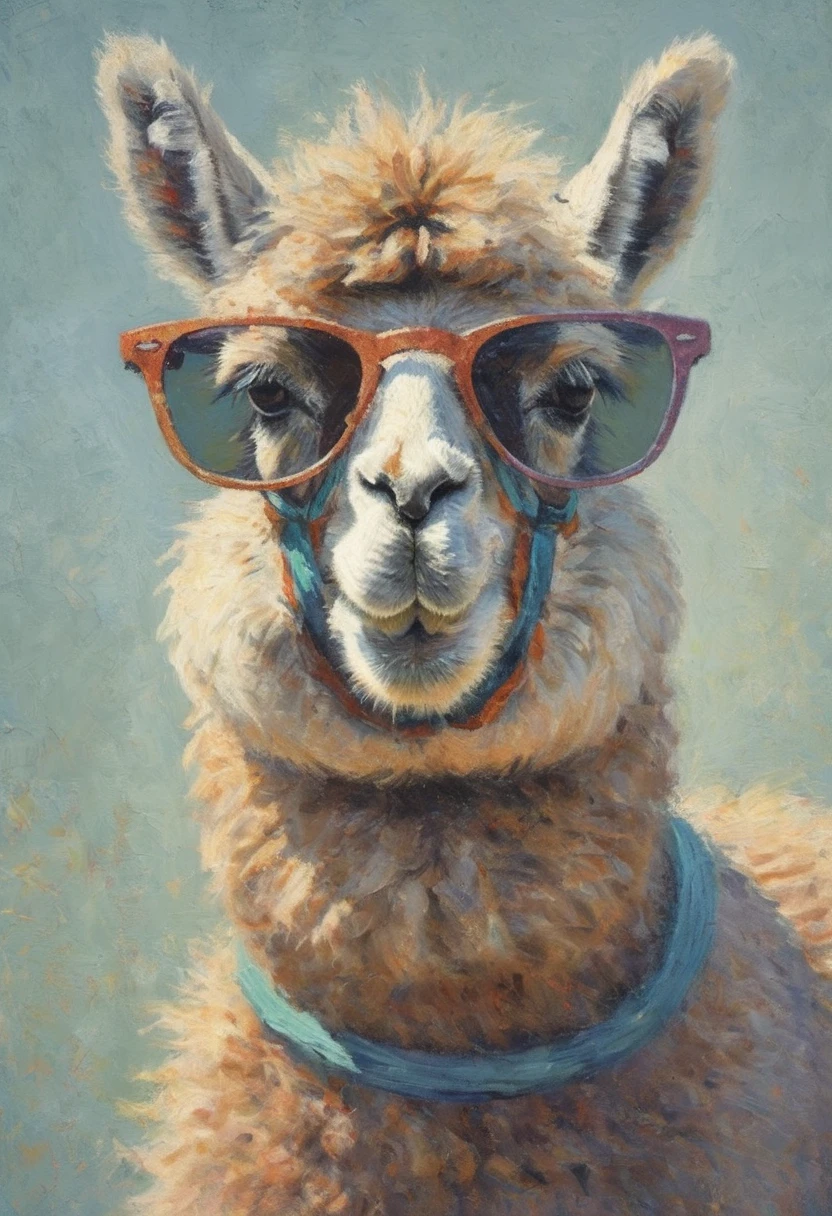 impressionist painting portrait of a hipster alpaca wearing sunglasses (pointillist style:0.45)
