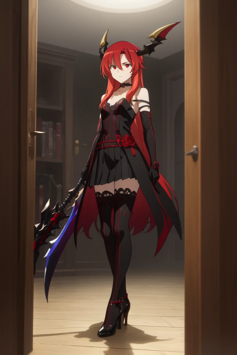 masterpiece, best quality, absurdres, portrait,  full body, 1girl, lisara <lora:Lisara Restall:0.8>, red hair, red eyes, hair between eyes, long hair, (small breasts), (LisaraDe:1.25), (striped), elbow gloves, black thighhighs, black dress, black gloves, black heels, choker, (head wings:0.85), horns, bare shoulders, holding scythe, weapon, 
BREAK  nice hands, perfect hands, <lora:GoodHands-beta2:0.8>, beaufitul hand, beautiful finger, Science centers, (perfect anatomy),  [Cinematic lighting|Volumetric Lighting], looking at viewer