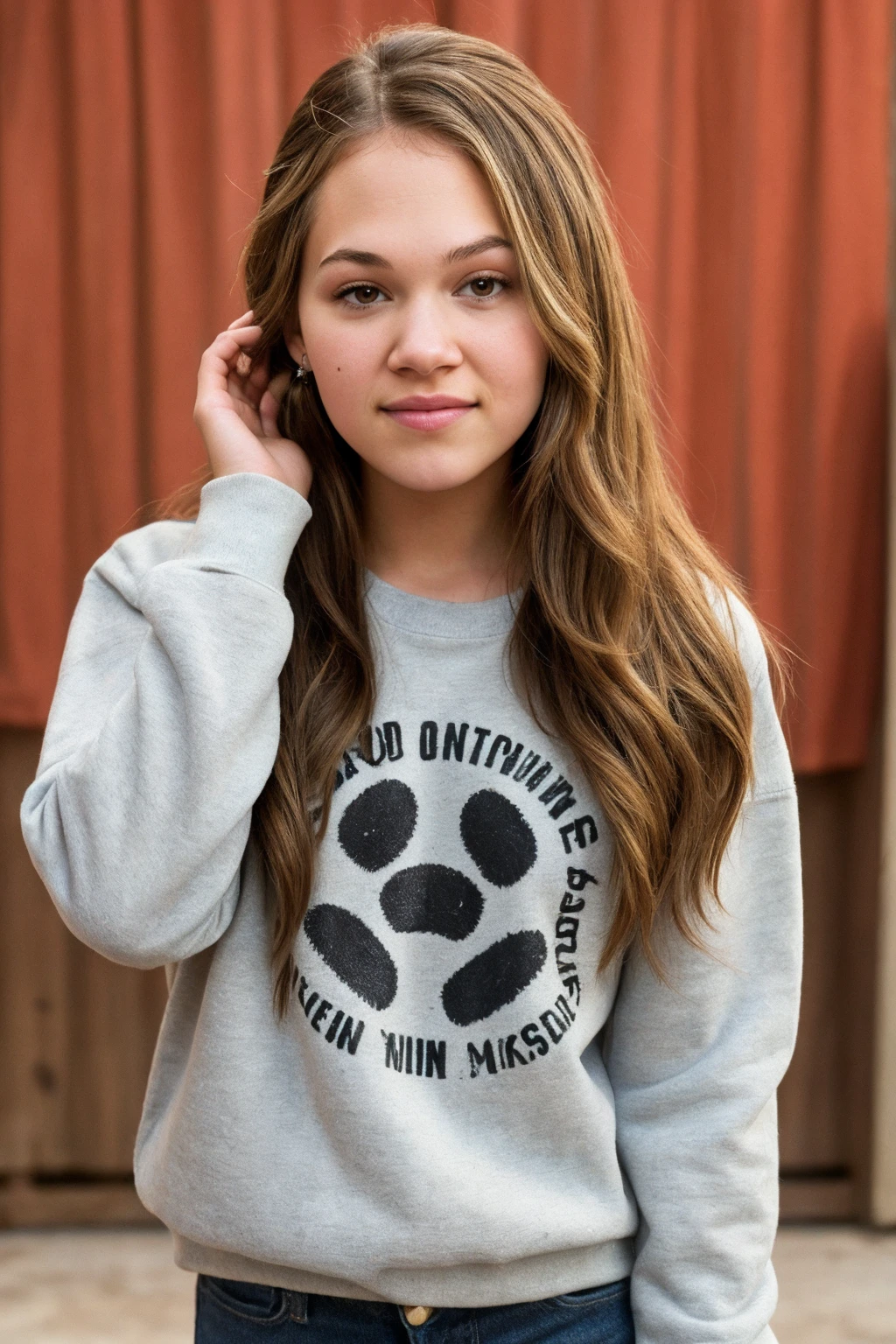 closeup headshot of (CTI_burglund:0.95), an attractive young woman, in front of a paw print background, wearing a (crewneck:1.1), (grateful), shallow depth of field, vignette, high budget Hollywood film, bokeh, cinemascope, epic, gorgeous, film grain