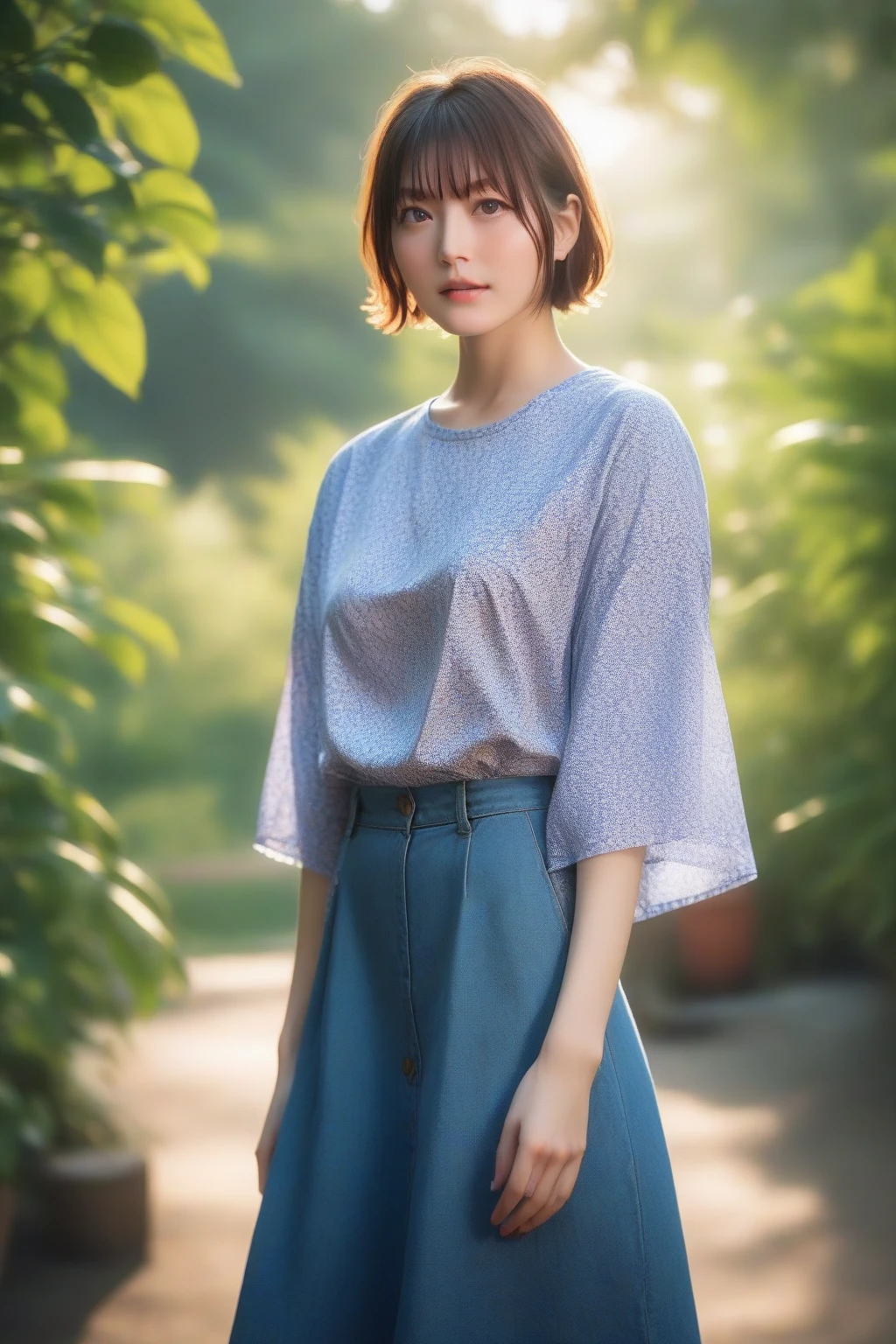 1girl,(RAW photo, best quality), (realistic, photo-realistic:1.4), masterpiece, an extremely delicate and beautiful, extremely detailed, 2k wallpaper, Amazing, finely detail, extremely detailed CG unity 8k wallpaper, ultra-detailed, highres, hard light, beautiful detailed girl, extremely detailed eyes and face, beautiful detailed nose, beautiful detailed eyes,cinematic lighting,
at a park,flower garden,(bokeh:1.2),wearing oversize tshirt and jeans,sunlight
wearing blouse with floral pattern and skirt, <lora:MTAHanazawaKanaXL:1>,short hair