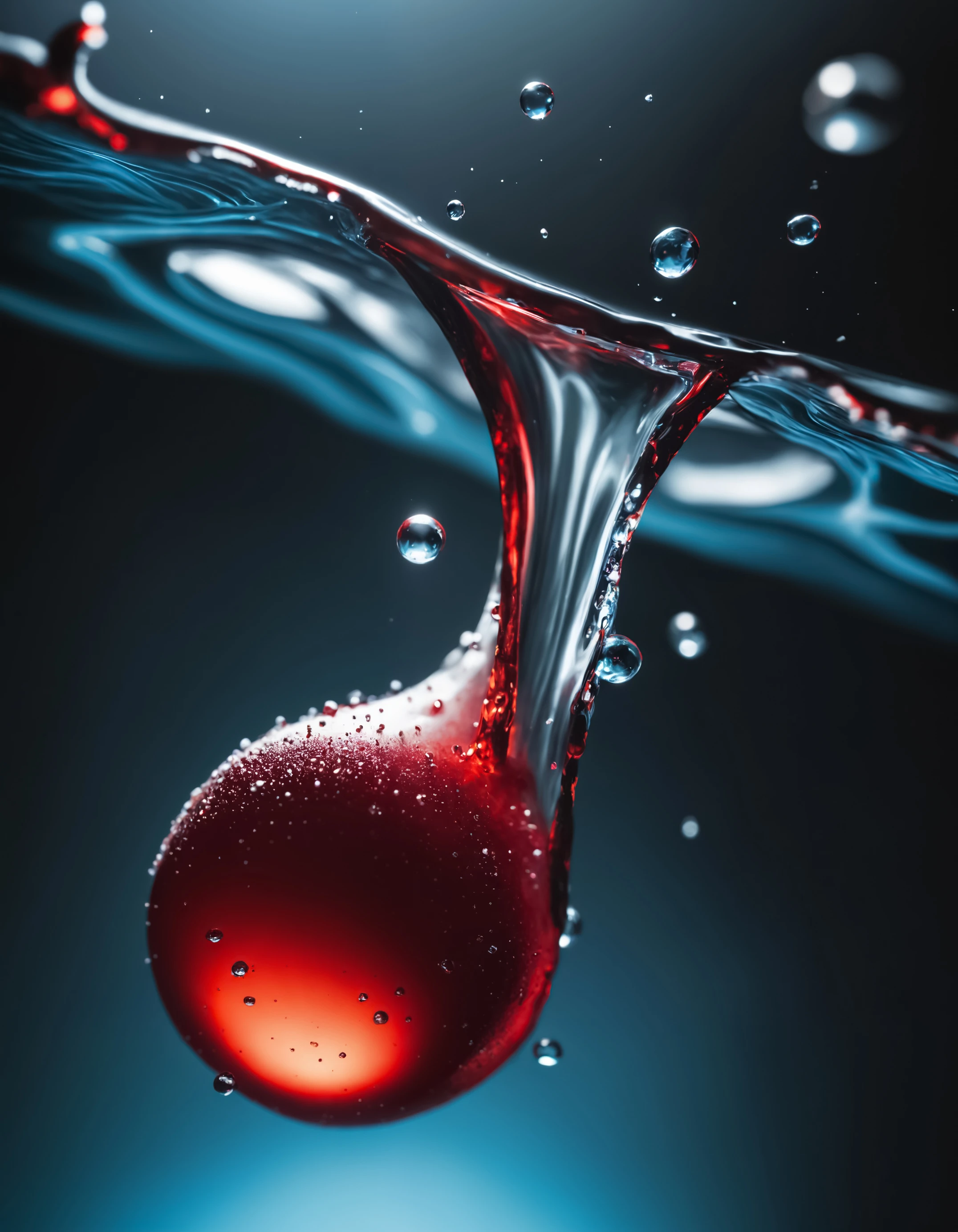 hyperrealistic macro shot of a red blood drop splash in blue water, shallow dof, dramatic lighting, magnificent, celestial, ethereal, epic, magical, dreamy, chiaroscuro, atmospheric lighting, macro, extreme details,