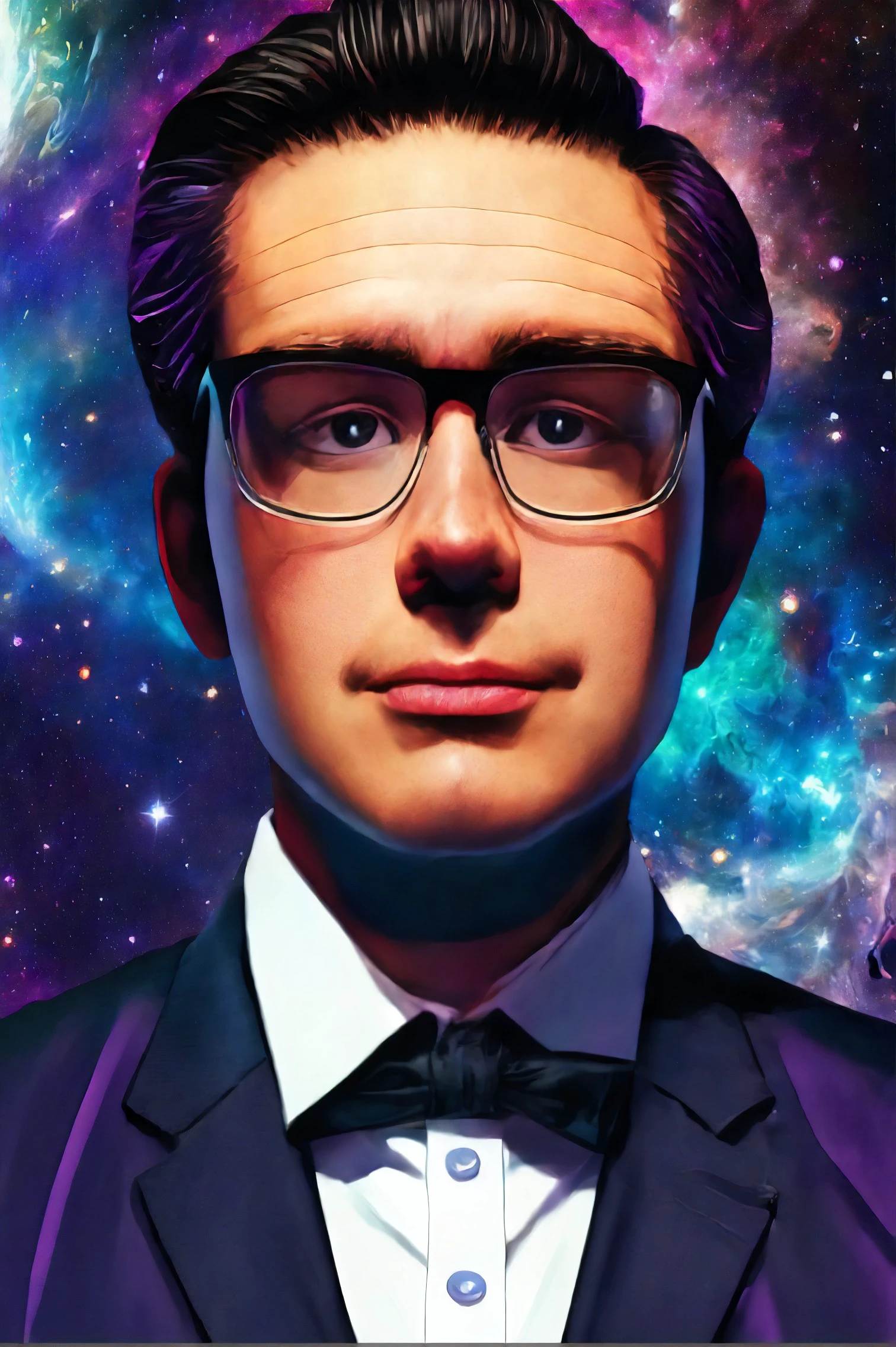 Pierre Poilievre closeup, glasses,male focus, black hair, shirt, formal, suit, collared shirt, white shirt, jacket
Deep space nebula and star clusters, cartoon, animation,
[(colorful explosion psychedelic paint colors:1.21)::0.2],
[cartoon, vector art, anime :realistic, real life, hyper realistic:0.5],
best quality, masterpiece, HDR, professional, studio quality, highres,
<lora:Pierre_Poilievre:1.0>