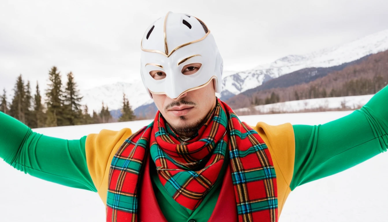 ZechsMerquiseMask, (fashion art stylized by Monia Merlo:1.2) , photography art, Hardcore Art, (Male of Waste:1.2) , Vibrant, Swimming, he is dressed in his Colombian wearing a mask, his wearing a mask is Verdant, Kung fu pose, Wallet and Tartan Scarf, Snowy, Ultra Real, 50mm, triadic colors, Crepuscular Rays, MOBA style, colorful, arcadian