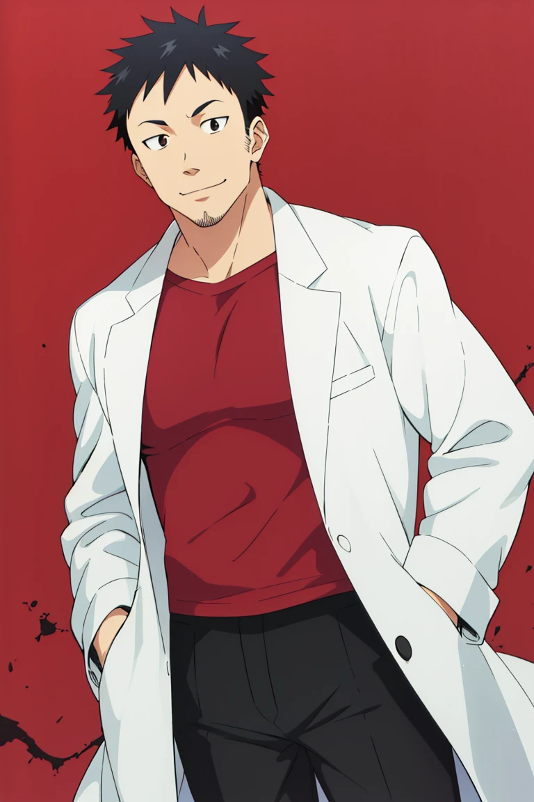 (1 image only), solo male, Tetsuo Takahashi, Demi-chan wa Kataritai, anime, 2d, flat, Asian ,Japanese, biology teacher, tall, black hair, short hair, stubble, black eyes, sideburns, red t-shirt, white labcoat, sleeves rolled up, black pants, black shoes, mature, masculine, handsome, charming, alluring, standing, smile, bluse, hands in pockets, upper body, perfect anatomy, perfect proportions, best quality, masterpiece high_resolution, dutch angle, cowboy shot, school lab,Tetsuo Takahashi,<lora:EMS-305836-EMS:0.600000>