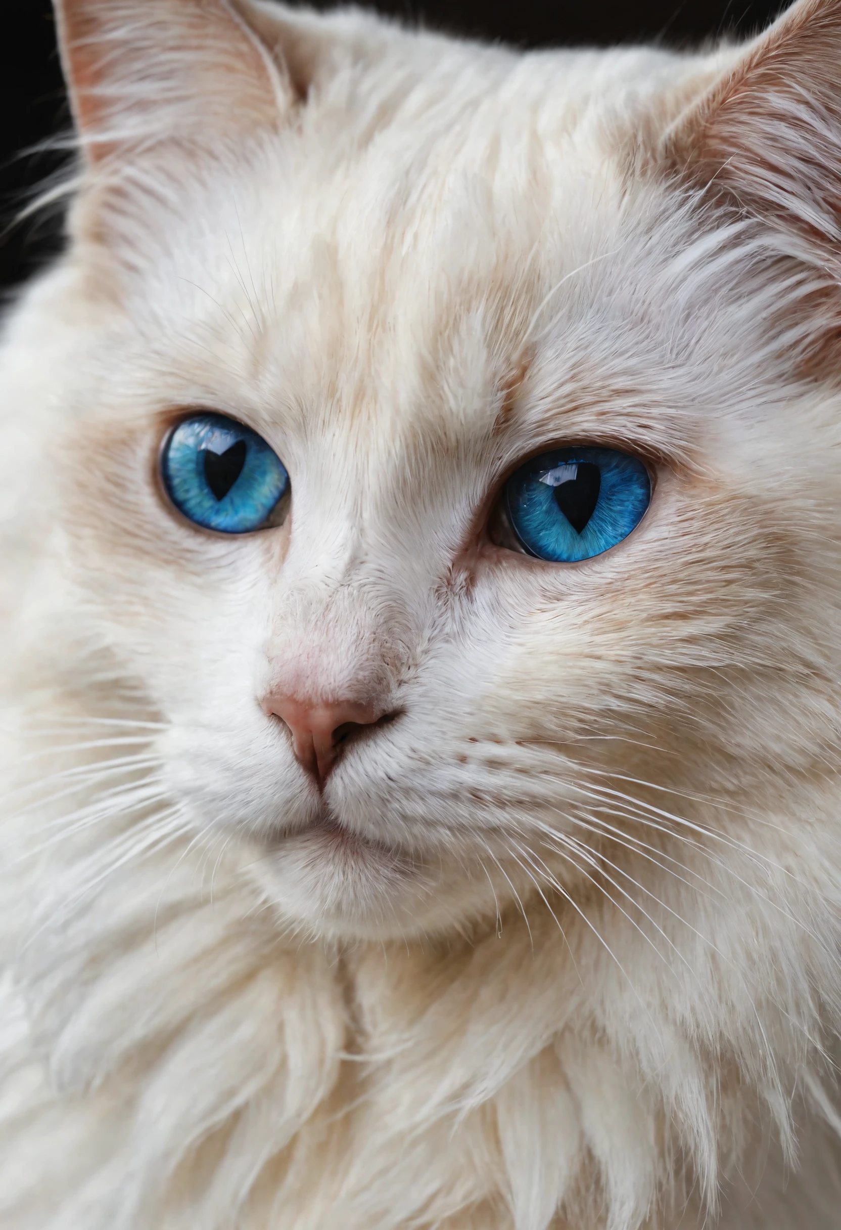 closeup portrait of a young (white:1.1) white black ragdoll cat stalking with beautiful blue and navy blue iridescent multi-shaded eyes, round eyeballs,highly detailed, viewed from the side, focus on eyes, background out of focus, chiaroscuro