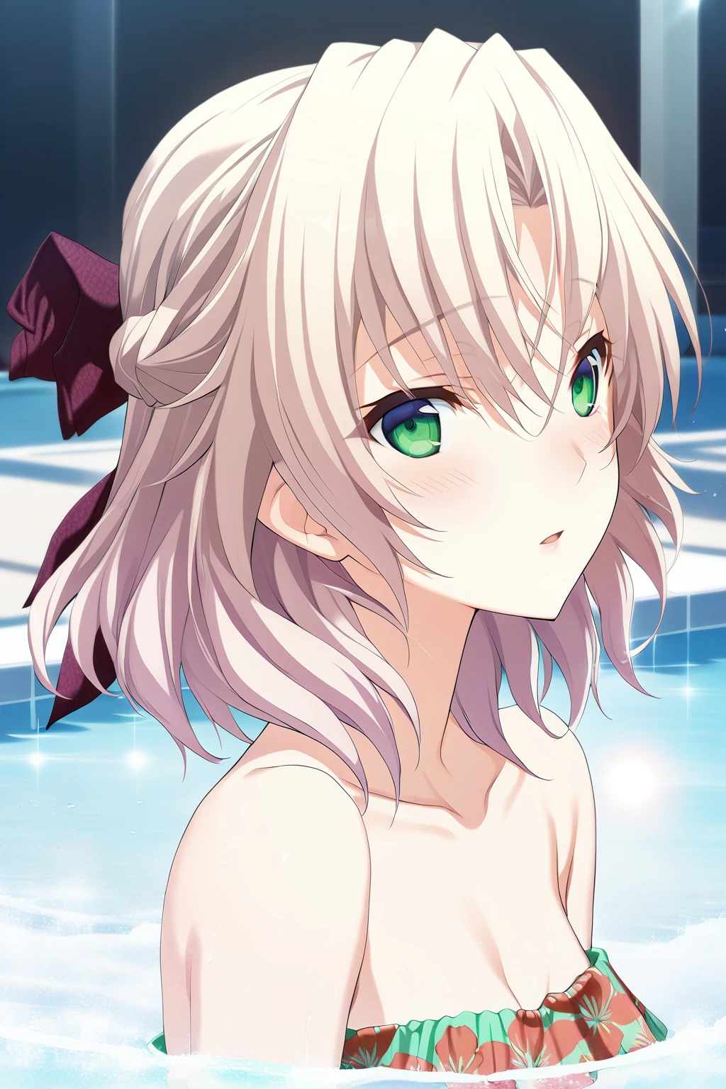 1girl,kagamigawa noelle,green swimsuit,red floral print,water,day,sky,frills,blush,pool,masterpiece,solo,best quality,game cg,(illustration:1.2),(extremely fine and beautiful),(perfect details),(unity CG 8K wallpaper:1.05),(ray tracing),(beautiful and clear background:1.25),(depth of field:0.6). (detailed beautiful eyes:1.2),(beautiful face:1.2),<lora:KagamigawaNoelleXL:1>,