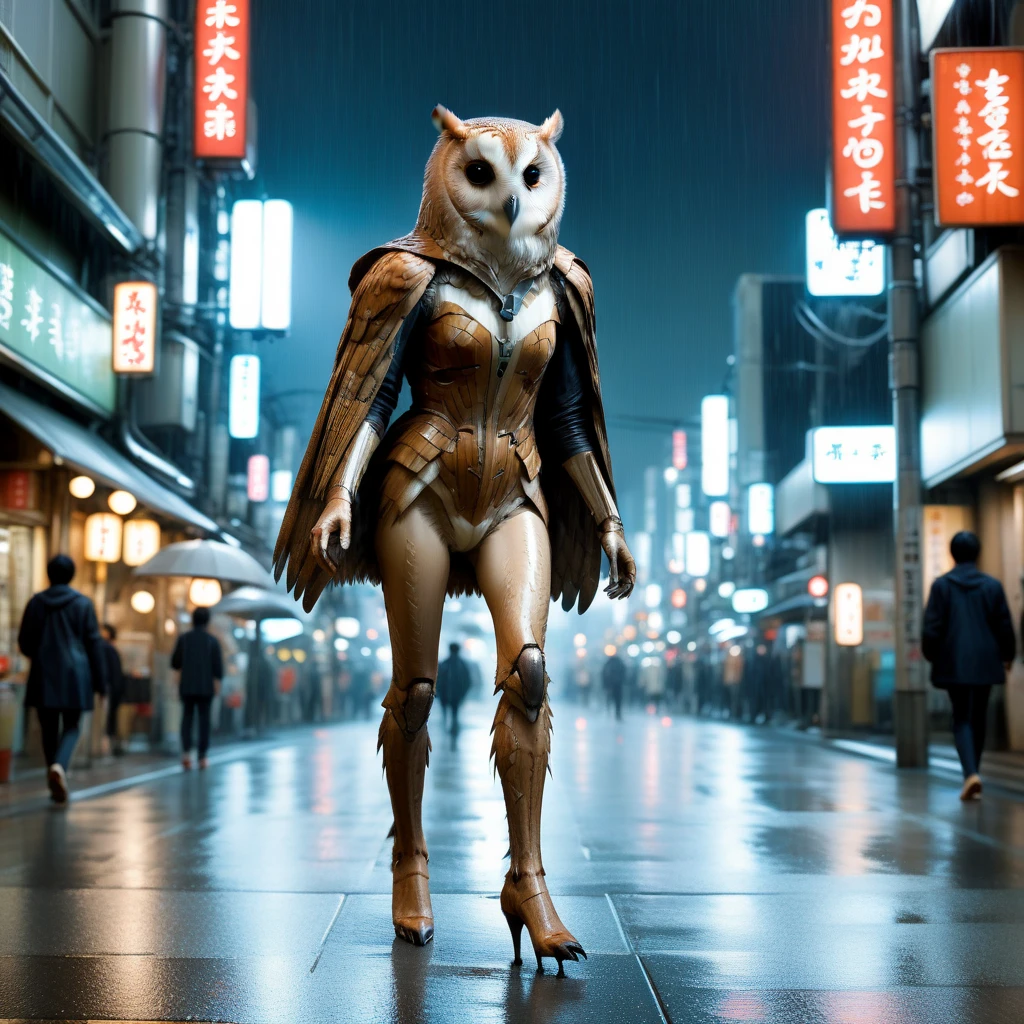 walking woman with the head, legs and talons of owl_xl with a slender neck, walking in the rain on busy night street in Osaka, blade runner atmosphere<lora:Owl_XL:1>