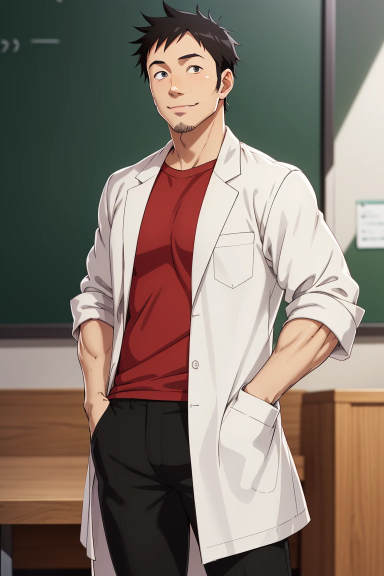 (1 image only), solo male, Tetsuo Takahashi, Demi-chan wa Kataritai, anime, 2d, flat, Asian ,Japanese, biology teacher, tall, black hair, short hair, stubble, black eyes, sideburns, red t-shirt, white labcoat, sleeves rolled up, black pants, black shoes, mature, masculine, handsome, charming, alluring, standing, smile, bluse, hands in pockets, upper body, perfect anatomy, perfect proportions, best quality, masterpiece high_resolution, dutch angle, cowboy shot, school lab,Tetsuo Takahashi,1boy,<lora:EMS-305836-EMS:0.700000>