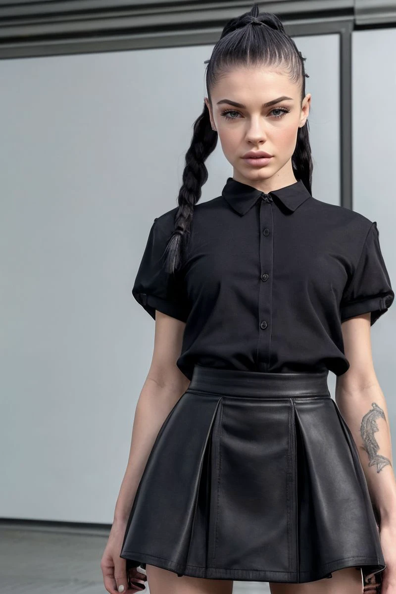 photo of S333_ChloeHeart,a stylish woman,in a (cargo-area:1.1),wearing a (shirt:1.1),(skirt),(ponytail),(4k, RAW photo, best quality, depth of field, ultra high res:1.1),(absurdres, intricate, photorealistic, masterpiece, ultra-detailed:1.1),