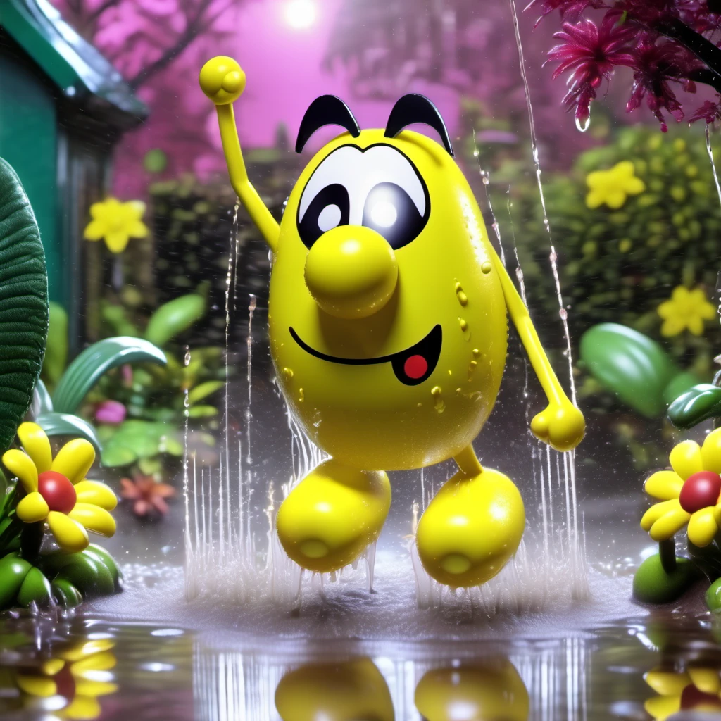 <lora:blp3ggbrt_newest:0.9> (a yellow blp3ggbrt cartoon character) jumping in a puddle, arms up, shiny, realistic, plastic toy, wet, magical garden background