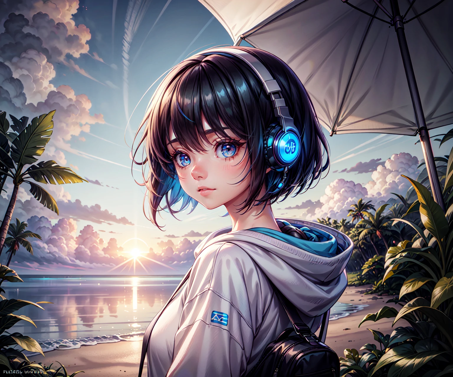 (masterpiece,finely detailed beautiful eyes: 1.2), 1girl,backlighting,looking back,blue hair,bob cut,white hoodie,headphone,sky,sunset,beach