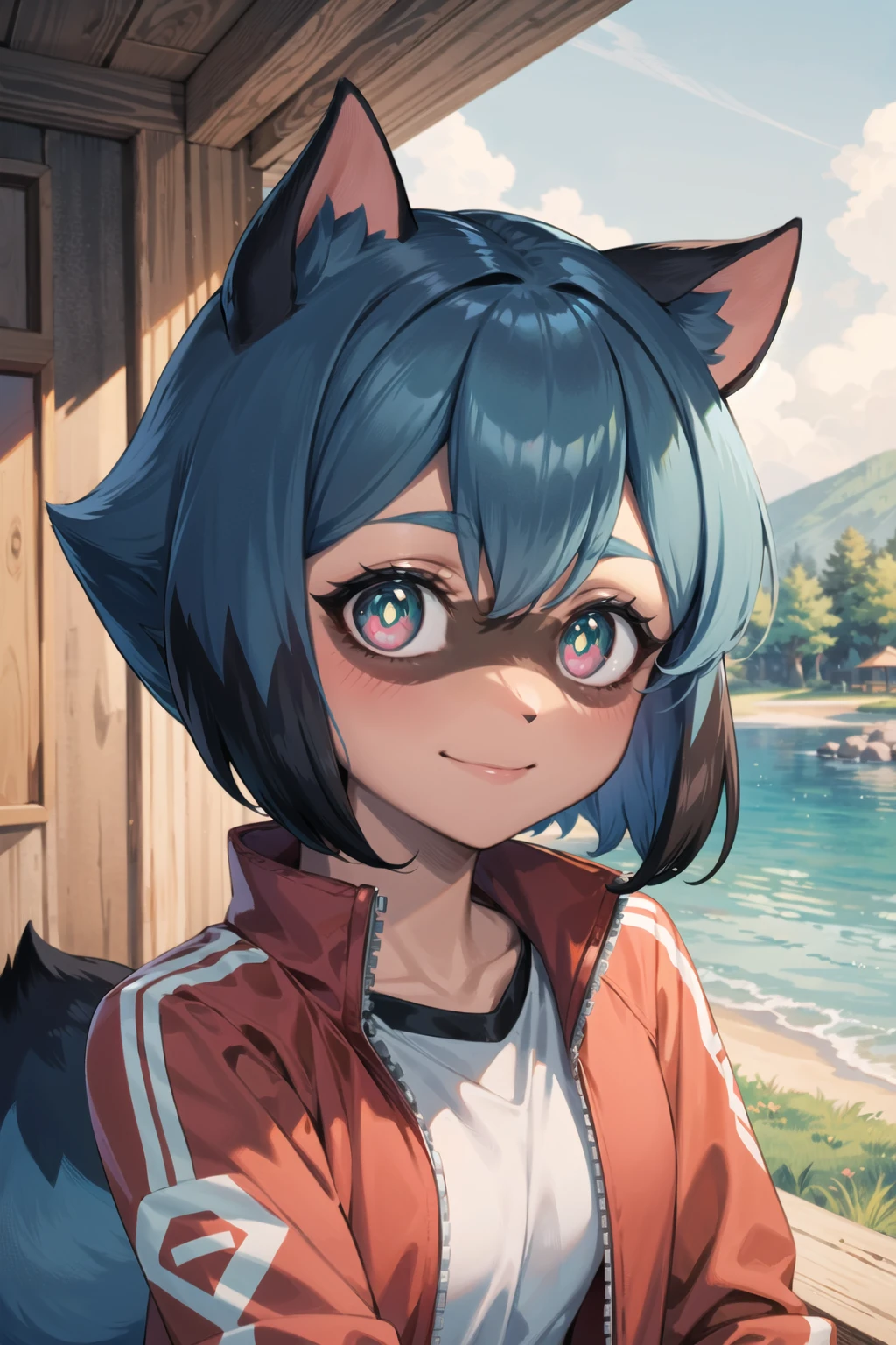 1 girl, raccoon girl, solo, furry,furry female, michiru_kagemori, blue hair,short hair, multicolored eyes, blue and pink eyes, yellow pupils, animal nose,triangle shaped nose, animal ears, (tail), [bushy tail], two tone skin, brown colored hands, (masterpiece, highest quality, 16k, high quality, best quality:1.3, highres, detailed eyes),good quality,looking at viewer, outside,red jacket, white shirt, dolphin shorts, smiling <lora:MichiruV2:0.95>  <lora:add_detail:0.3>