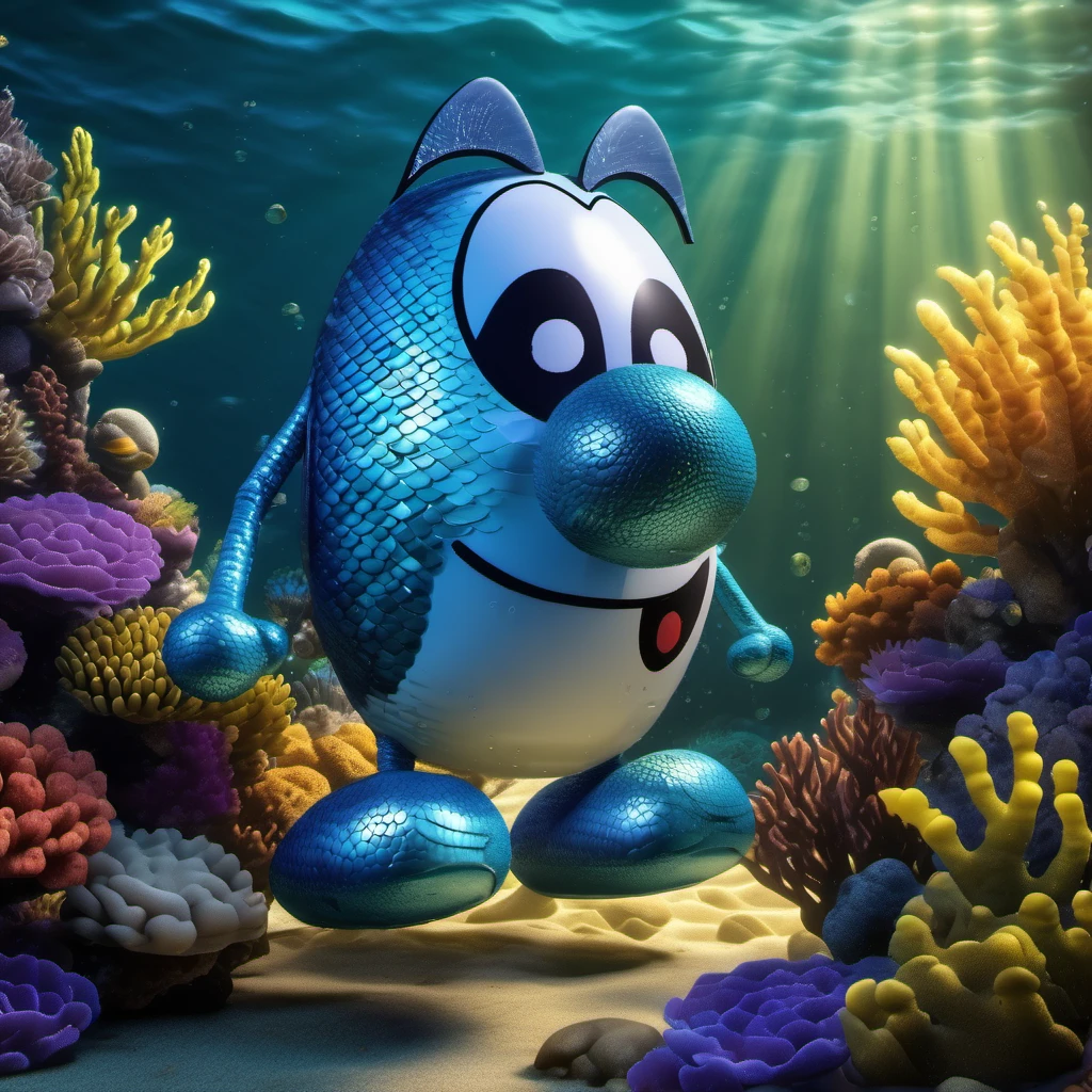 <lora:blp3ggbrt_newest:0.9> a fish blp3ggbrt cartoon character made of scales, realistic, dramatic lighting, wet, underwater ocean reef background