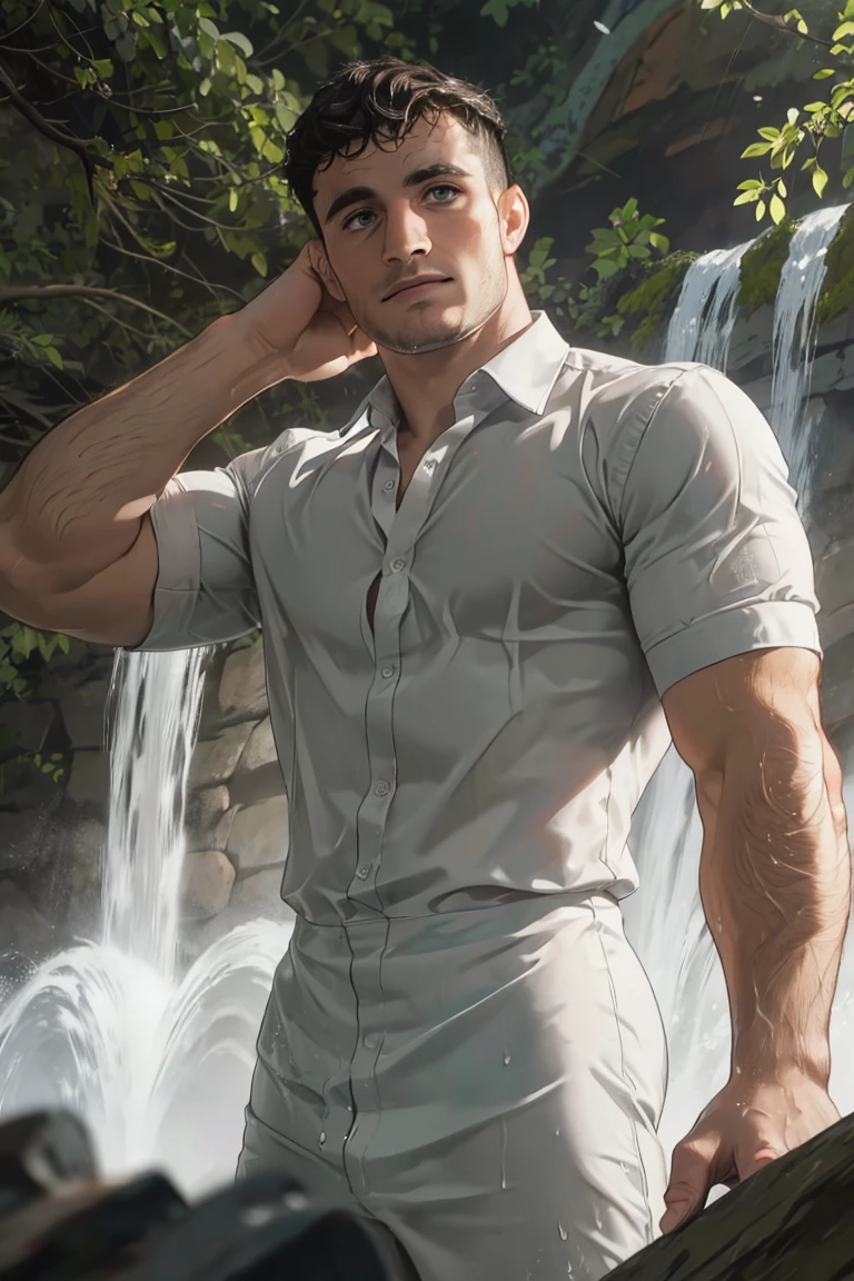 (masterpiece, best quality:1.2), man, solo, 1boy, smirk, short hair, medium shot, ((bara, muscular, dress shirt)), waterfall, hands behind head, inside river, wet skin, pants, park (depth of field:1.1), , photo of, standing, view from below, sweaty skin, masterpiece, highness, perfect face, perfect picture, detailed eyes, sharp focus, detailed view, ,Highly detailed,<lora:EMS-293331-EMS:1.000000>