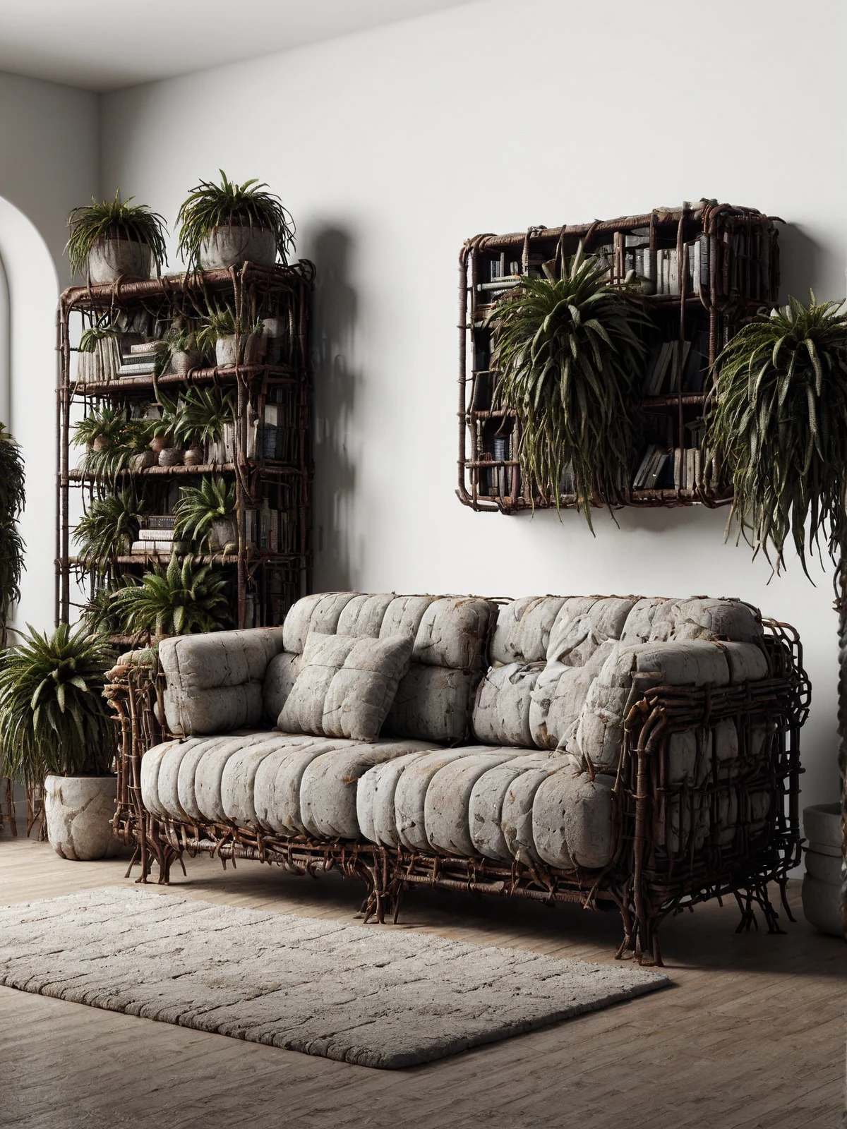 sofa made of mad-rnfcnct, (living room:1.4), tv, plants, bookshelf, <lora:Derilict_Concret_SDXL:1.2>, (masterpiece:1.2), best quality, (hyperdetailed, highest detailed:1.2), high resolution textures