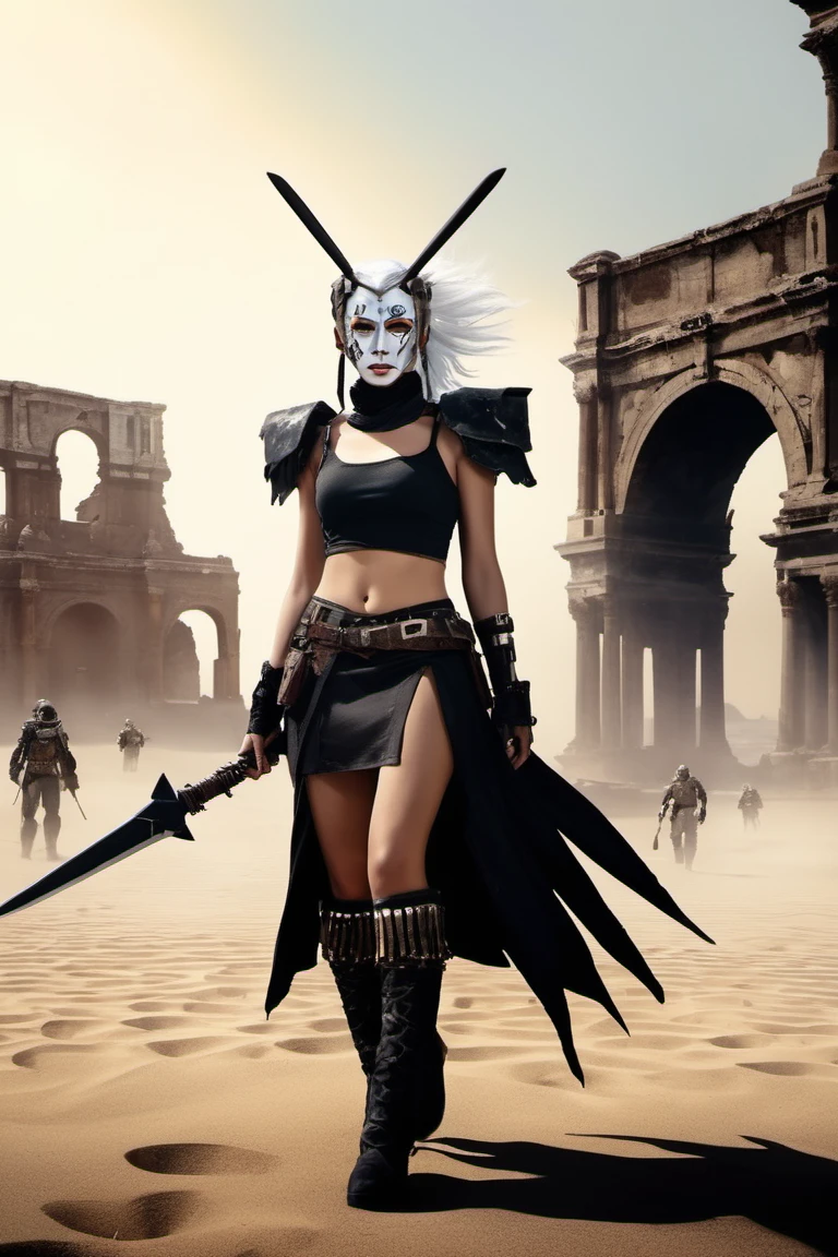 A dystopian wasteland stretches beneath a harsh sun, bleached grey and littered with the remnants of a fallen civilization. Ruined buildings dot the desolate landscape, including a colosseum-like structure partially swallowed by the sand. Rusted war machines stand as silent sentinels, testaments to past conflicts. In the foreground, a warrior woman stands defiant against the bleakness. Her white hair is pulled back, revealing tribal face paint that speaks of her strength and resilience. Her clothing is a mixture of practicality and defiance â a grey top, a tattered skirt, and sturdy boots. Atop her head rests a mechanical, insect-like headdress, hinting at a technological edge in this brutal world. Above, drones buzz in the sky, a constant reminder of the ever-present threat.Style:Photorealistic, detailed, grim, harsh, dystopian Keywords:Wasteland, desert, ruins, colosseum, war machines, drones, warrior woman, white hair, tribal face paint, mechanical headdress, grey top, tattered skirt, boots, harsh sun, bleak