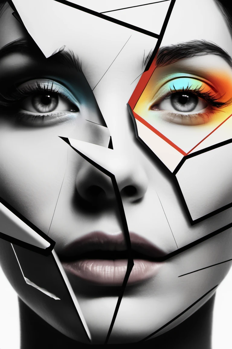 trikingly abstract graphic design poster, featuring a unique take on a woman's face with glowing fractures, showcasing an unconventional yet beautiful combination of styles reminiscent of Trenton Doyle Hancock's work.