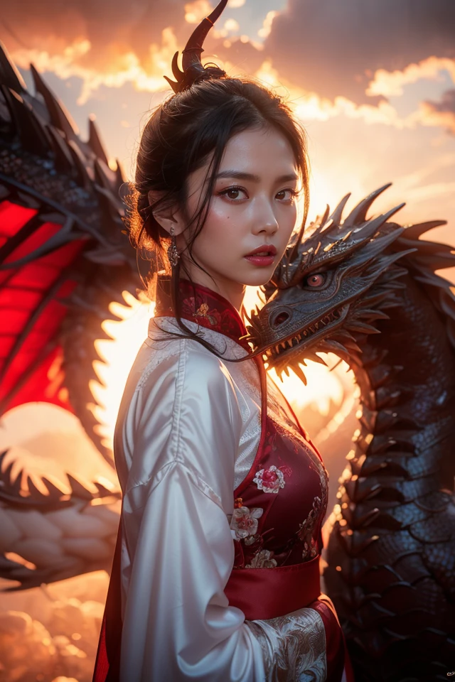 Dragon chant,1girl,dragon,dress,black hair,cloud,eastern dragon,white dress,brown hair,looking at viewer,cloudy sky,armor,realistic,solo,horns,sky,outdoors,blurry,short hair,teeth,fantasy,red lips,brown eyes,hair ornament,standing,chinese clothes,makeup,claws,
best quality,masterpiece,illustration,an extremely delicate and beautiful,CG,unity,8k wallpaper,Amazing,finely detail,masterpiece,official art,extremely detailed CG unity 8k wallpaper,incredibly absurdres,huge filesize,ultra-detailed,highres,extremely detailed,beautiful detailed girl,realistic,<lora:Dragon chant_20240227032919:0.8>,