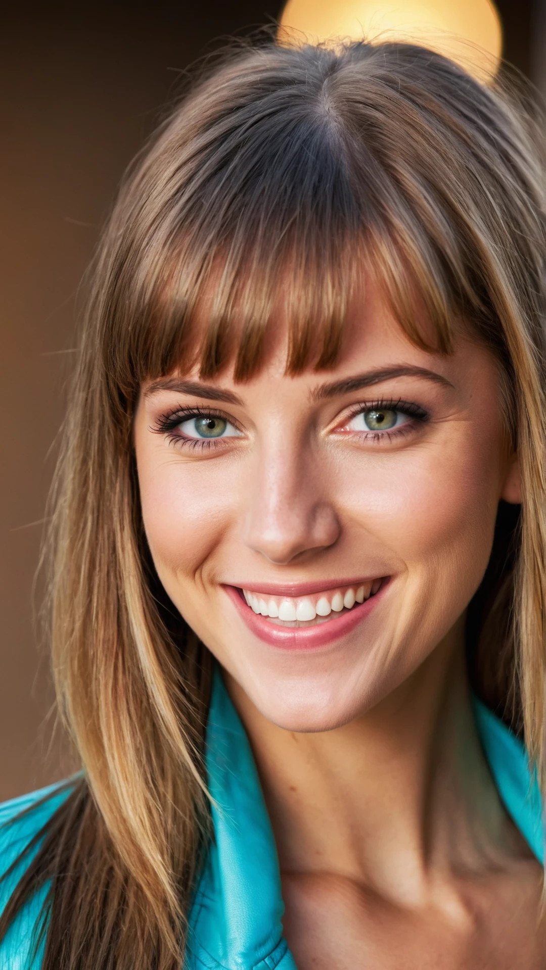 Raw photo of a Caucasian race beautiful woman, close-up face, futuristic, long hair, (celebrity haircut:1.2), bang obscure eyes. Big smile. Casual cloth. outdoor. Realistic, warm studio lighting, sharp focus, colorful, depth of field, best quality, focus F/2 105mm Wide lens, simple background, ISO 100, 16k resolution.