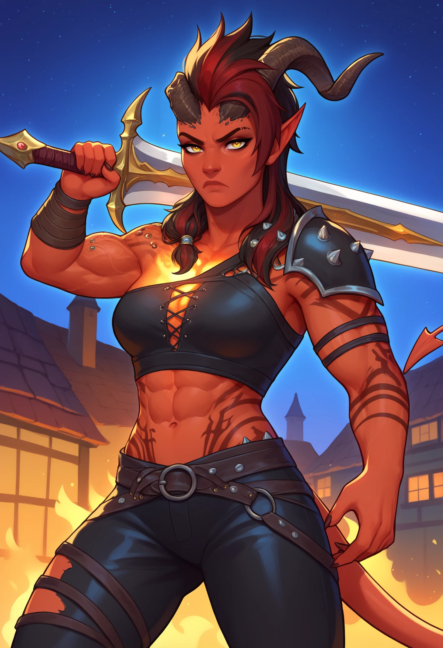 score_9, score_8_up, score_7_up, 1girl, solo, KarlachBG3, colored skin, demon girl, tail, yellow eyes, tattoo, <lora:KarlachBG3PDXL_V1-Manityro-adamw:1.0>, outdoors, fantasy, burning village, dark, night, starry sky, looking at viewer, serious, toned, 6 pack abs, crop top, black pants, torn pants, leather armor, straps, shoulder pads, greatsword, weapon over shoulder, hand up, fighting stance