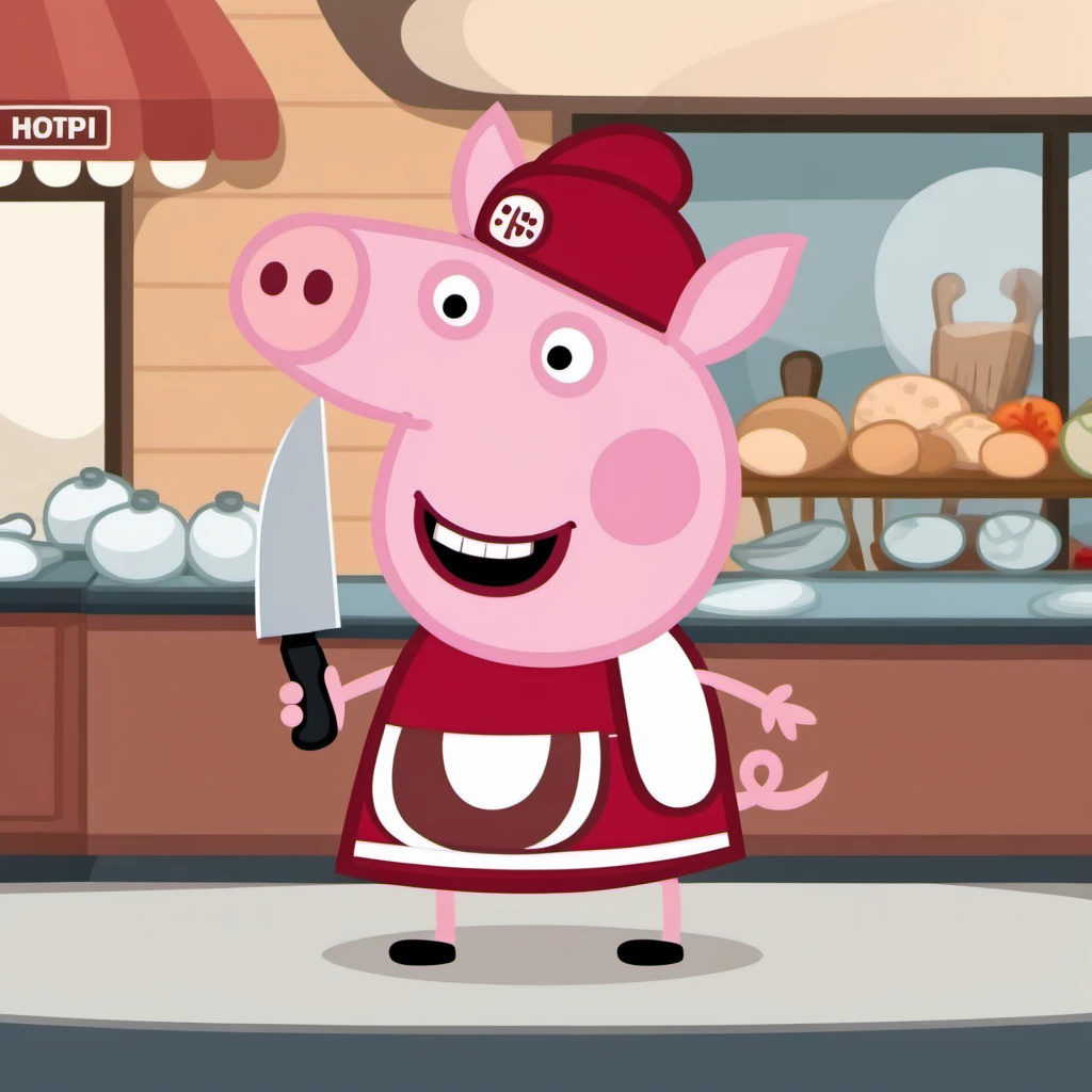 cinematic photo a cartoon pig dressed as a butcher, butcher apron, holds a butcher knife, butcher's shop <lora:Peppa1024:0.8> . 35mm photograph, film, bokeh, professional, 4k, highly detailed