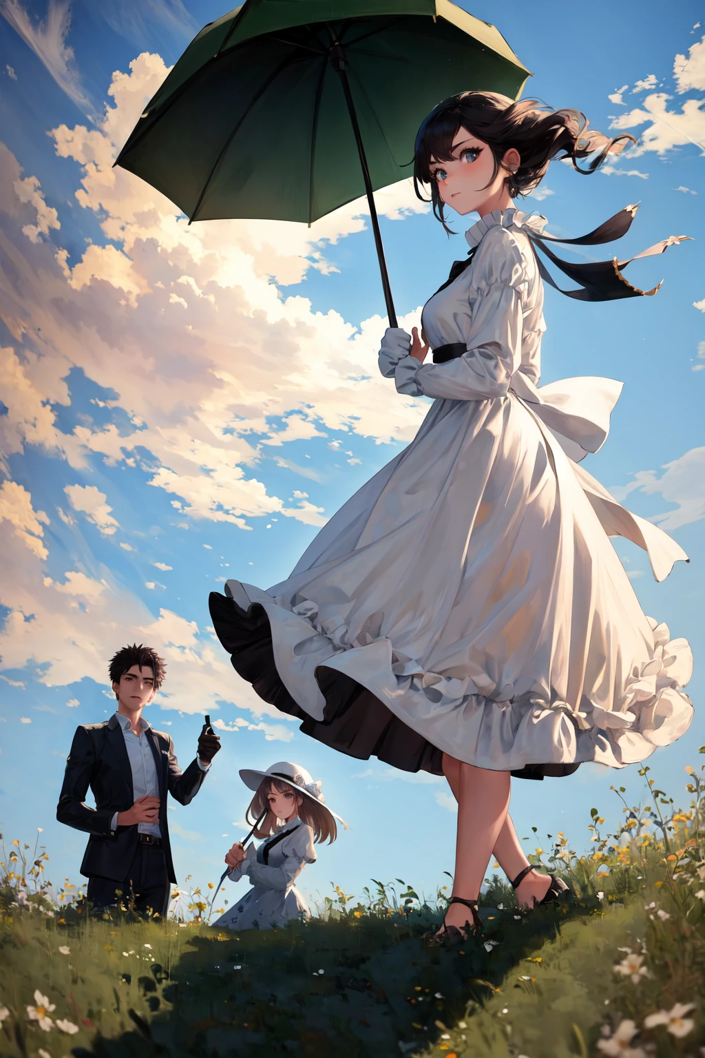 masterpiece, best quality, highres, woman with a parasol holding umbrella, 1girl 1boy
<lora:woman_with_a_parasol_parody:1>